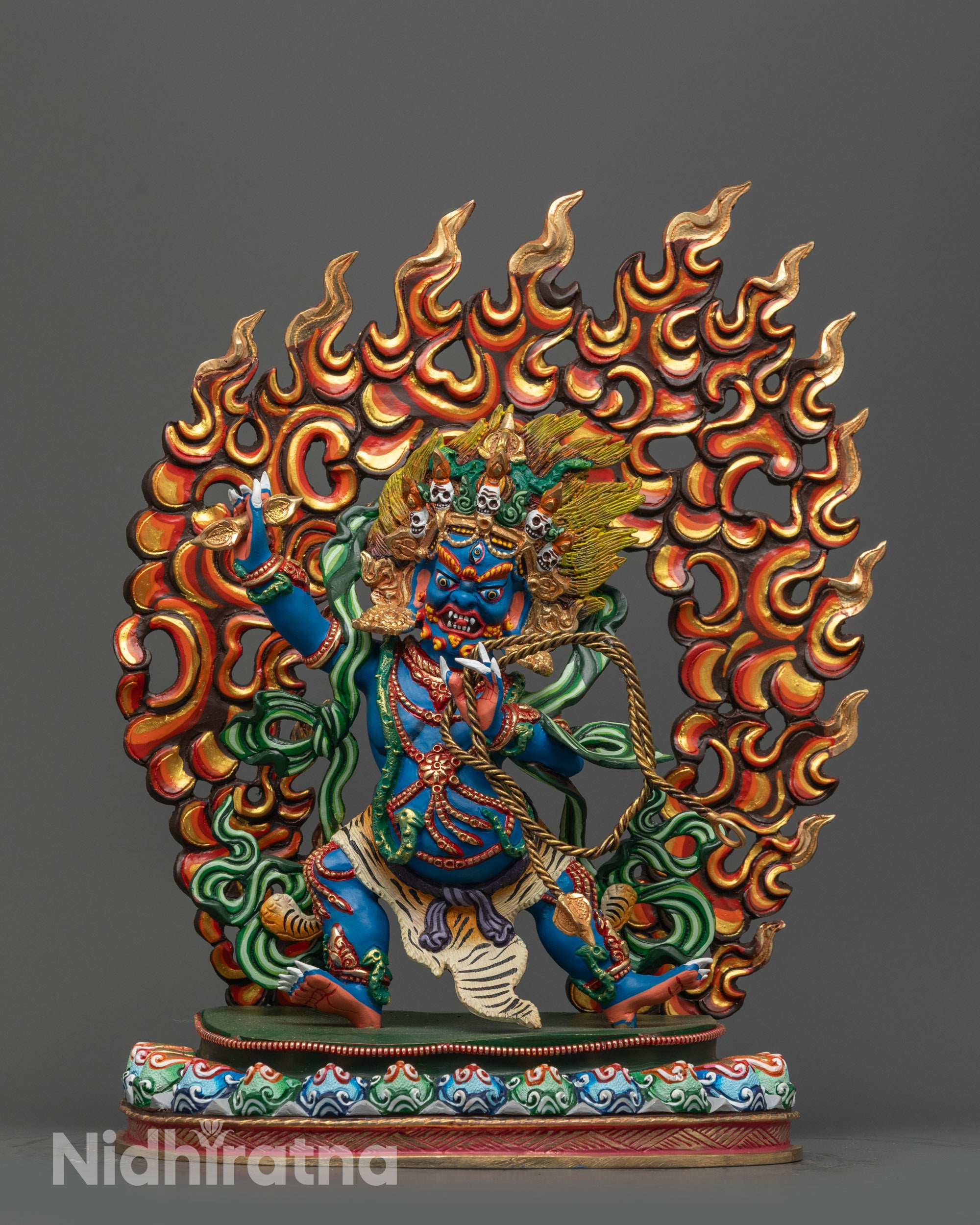 Full image of Hand-carved Wrathful Vajrapani Statue with blue acrylic body and third eye face