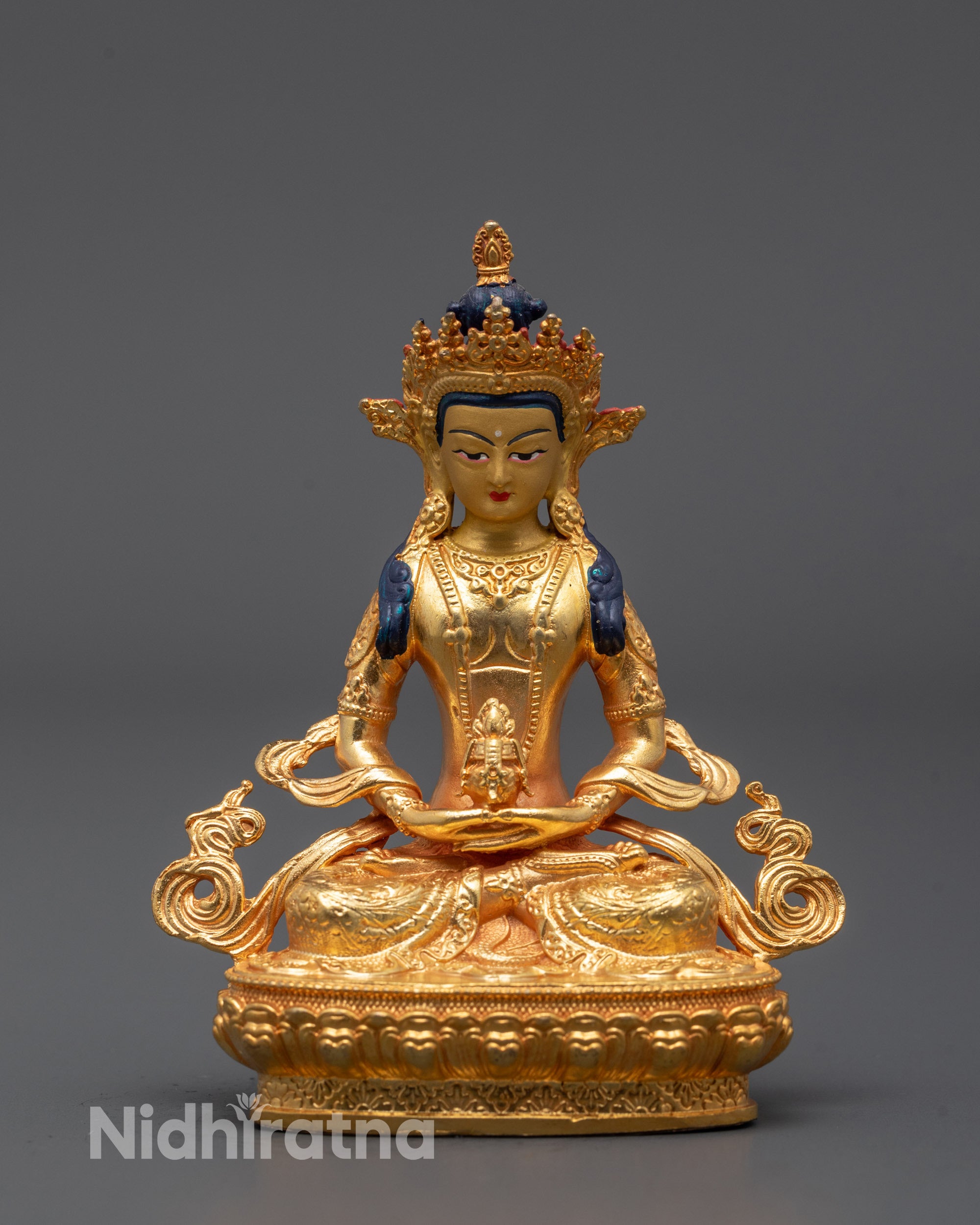 Full image of Machine-made Amitayus Statue with 24k gold plating, crafted from copper