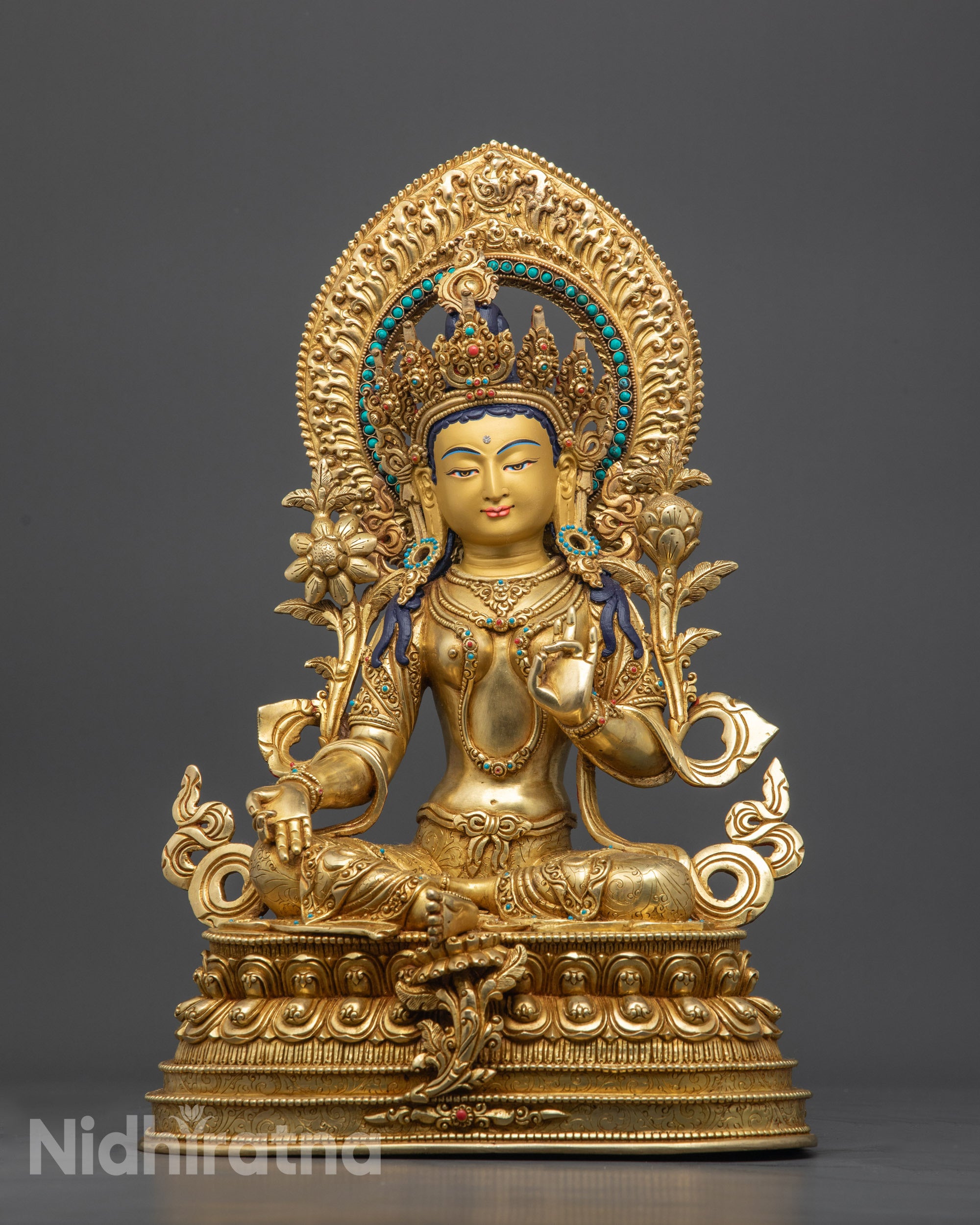 Front view of 15-inch Green Tara statue handcrafted by Newari artists