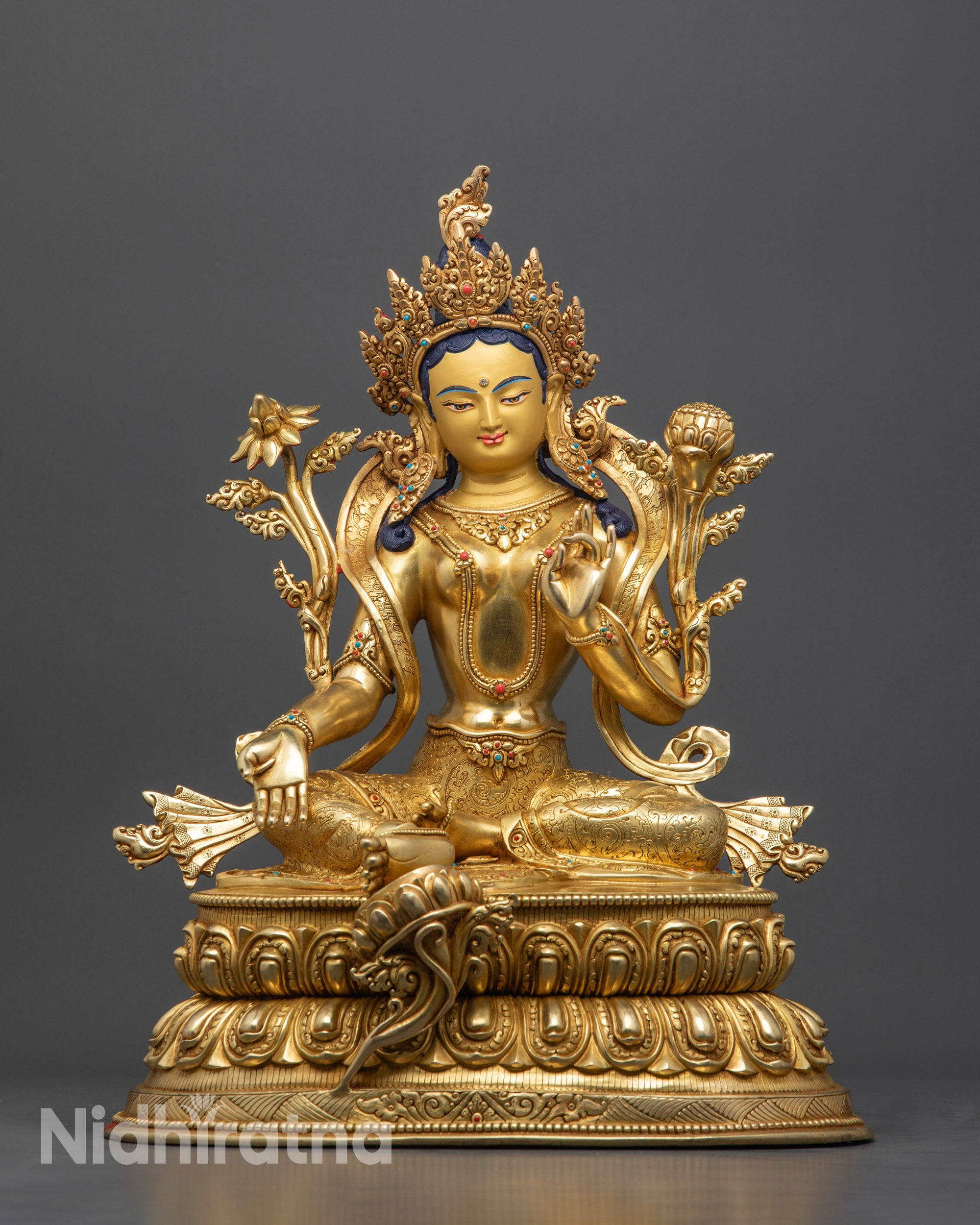 Front view Green Tara Buddha Statue 24K gold gilded with semi-precious stones