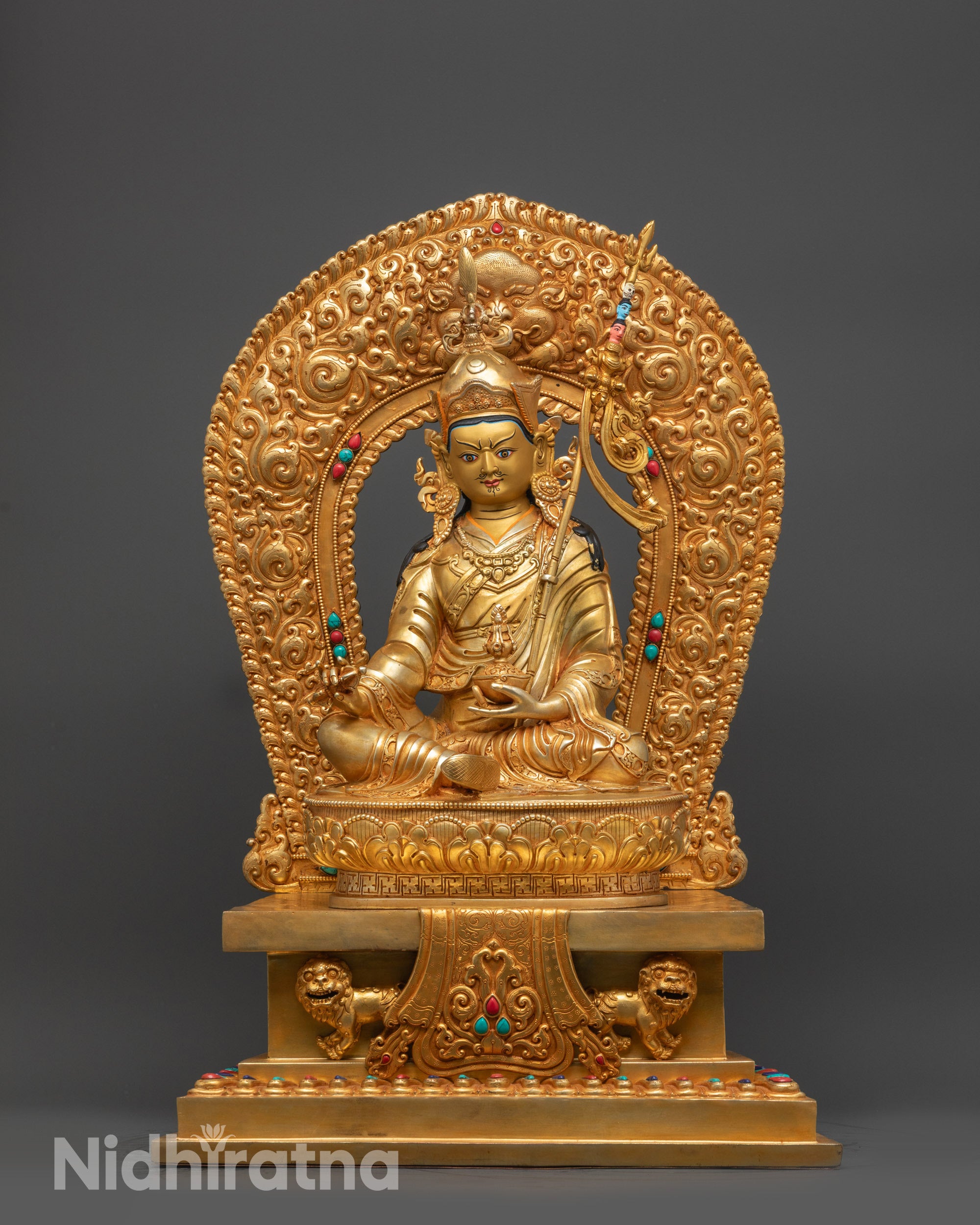 19 Inch Gold Gilded Guru Rinpoche Statue seated on throne, handmade in Nepal