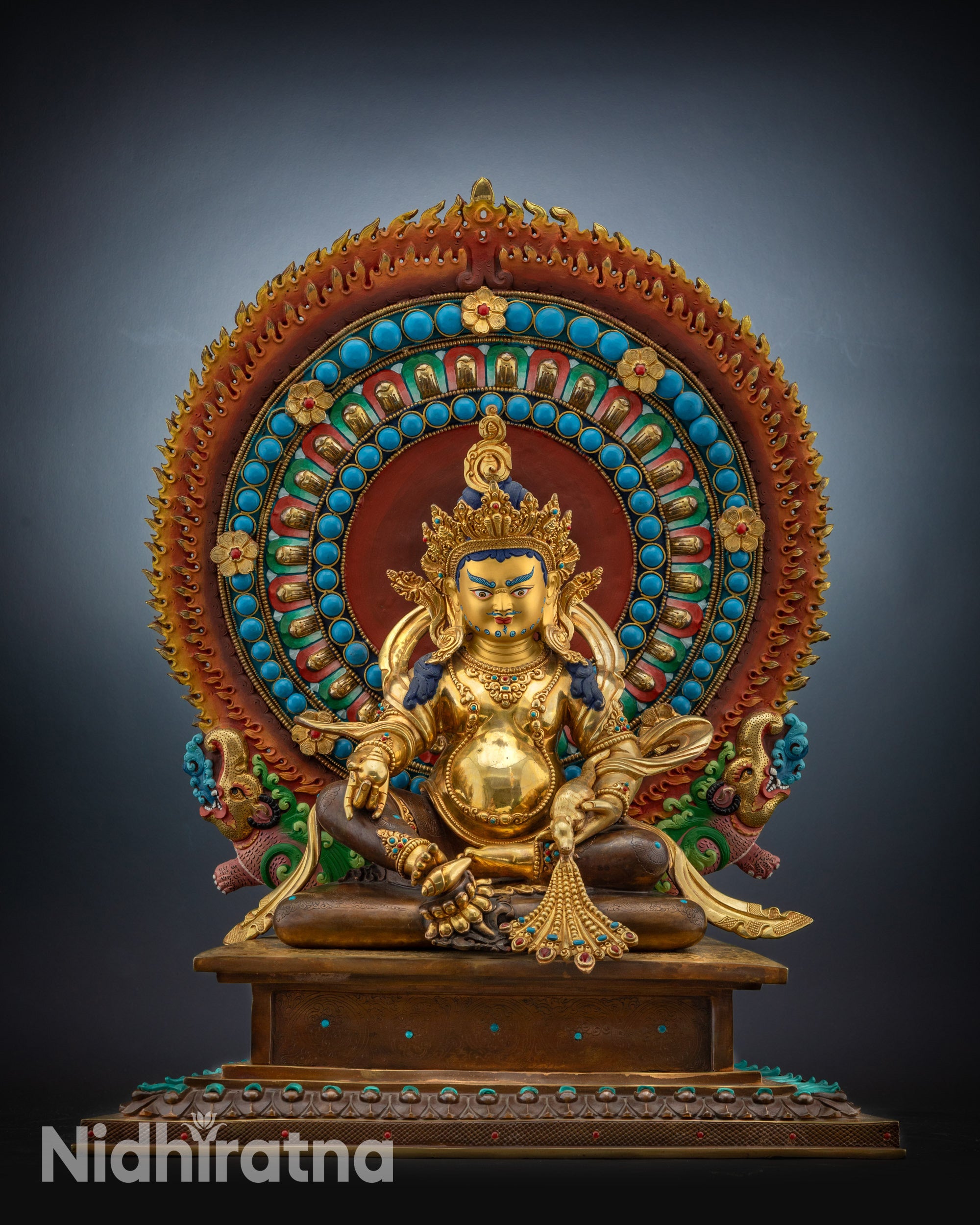 Full view Collector’s Masterpiece Dzambhala statue gold-gilded face Tibetan wealth deity