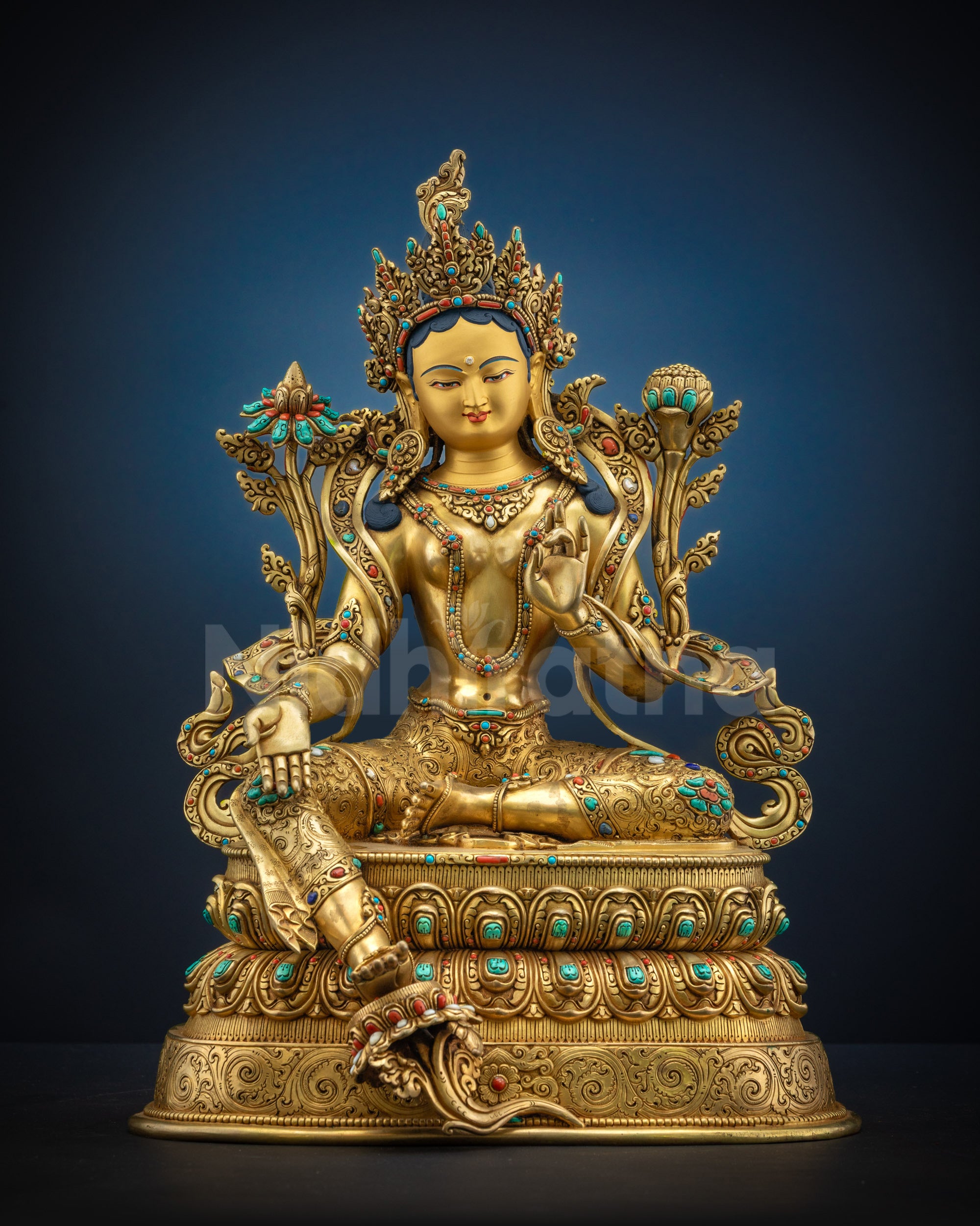 Full view Green Tara Statue Nepalese copper seated on lotus in Lalitasana posture