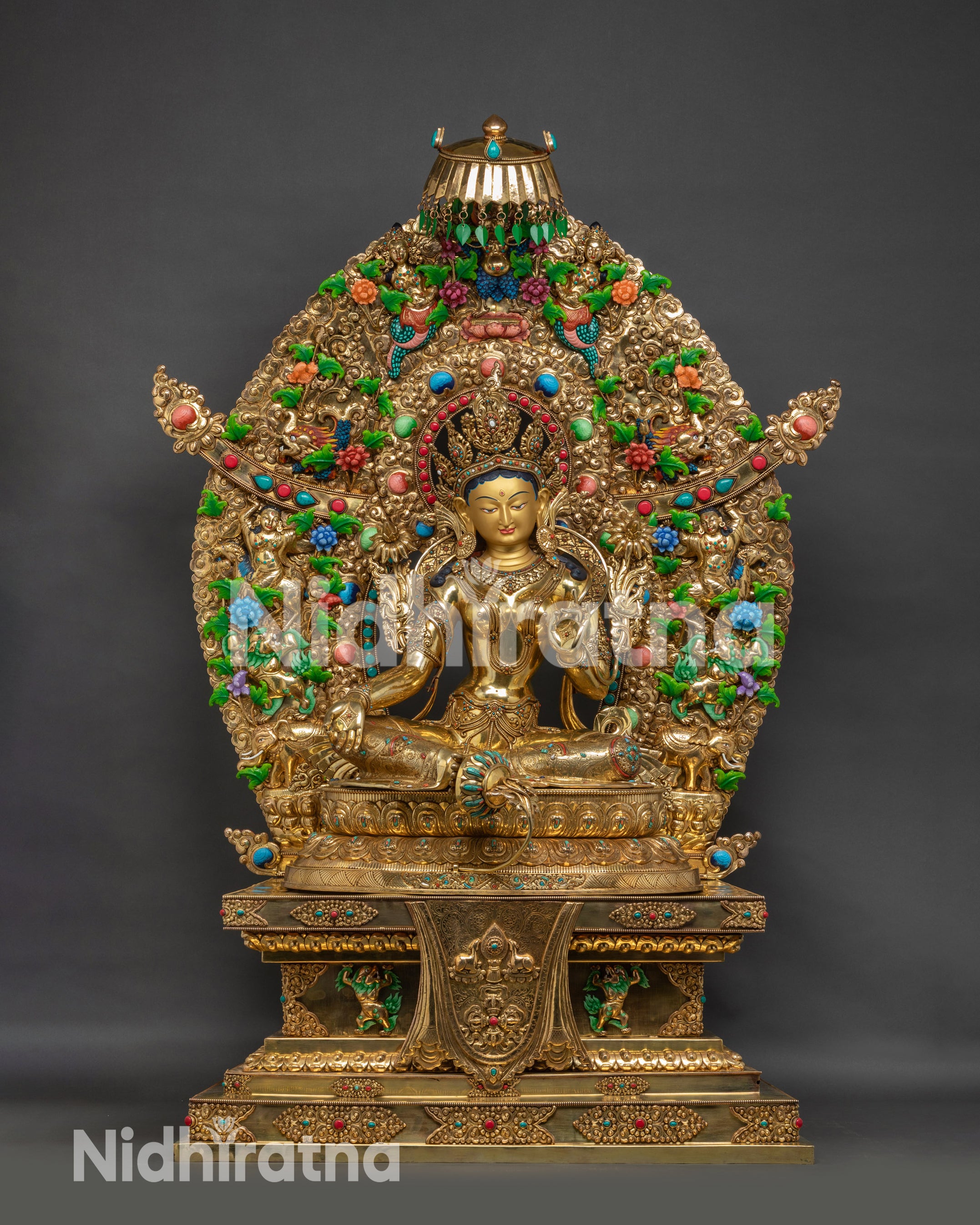Full view Green Tara Statue on elaborate Tibetan Throne for Dharma centers and shrines