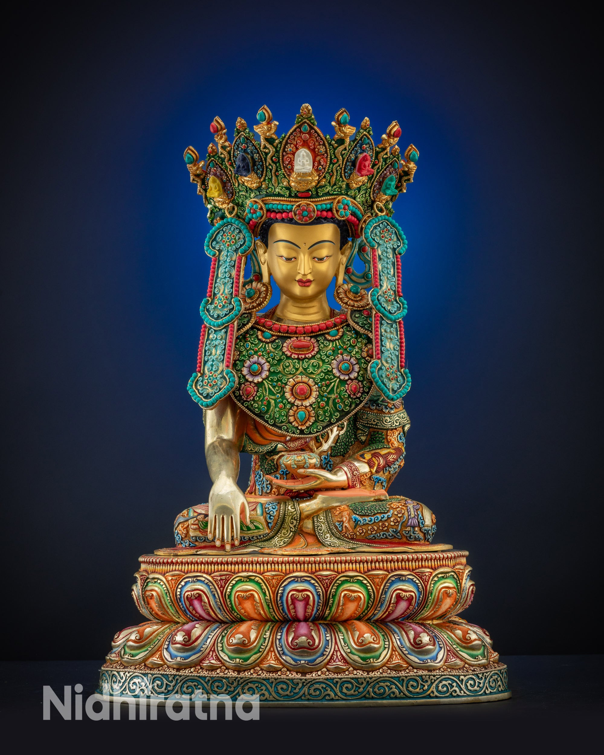 Full view Jowo Rinpoche Shakyamuni statue seated on double-layered lotus base front angle