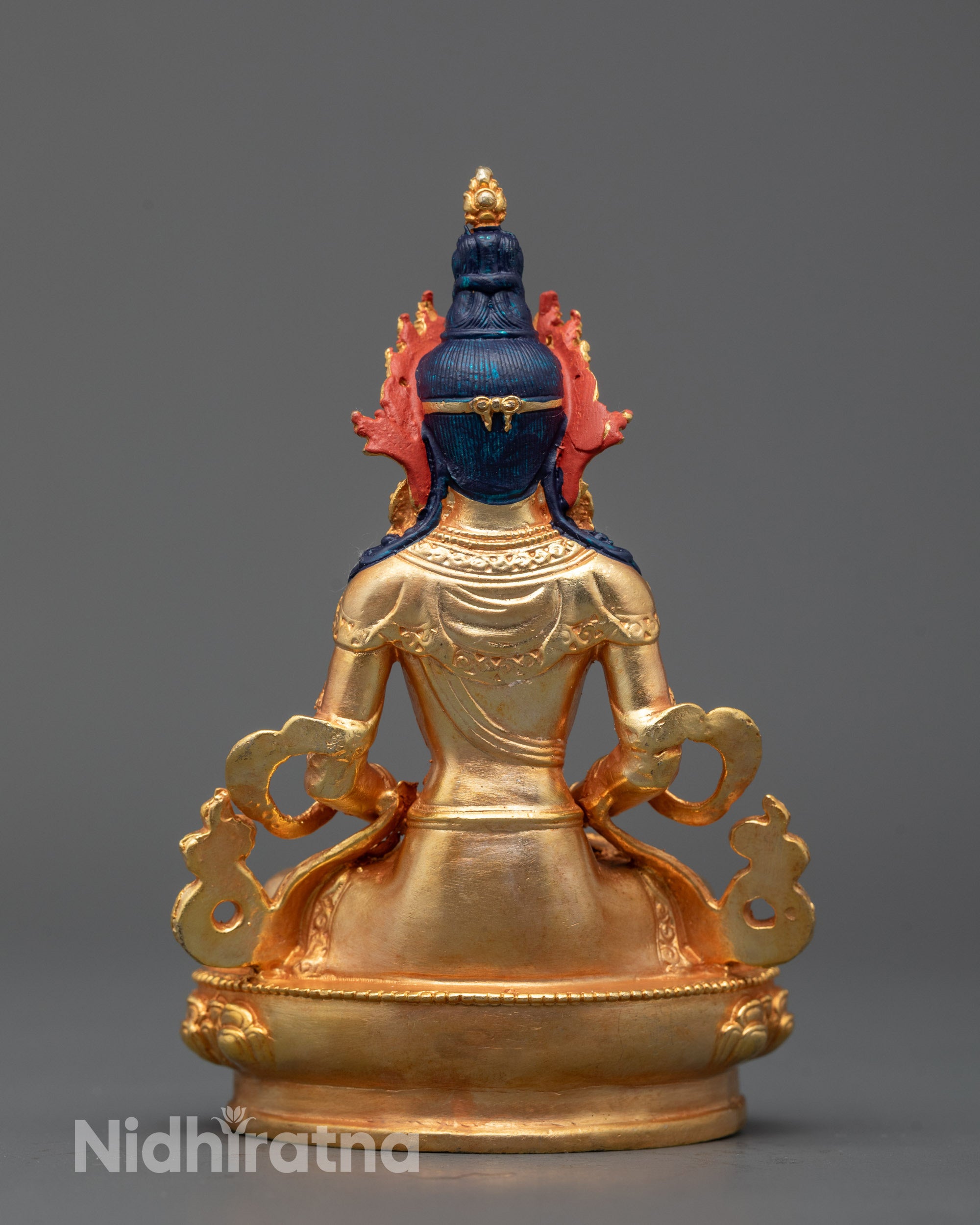 Full view of Amitayus Buddhist deity statue with shimmering 24k gold finish