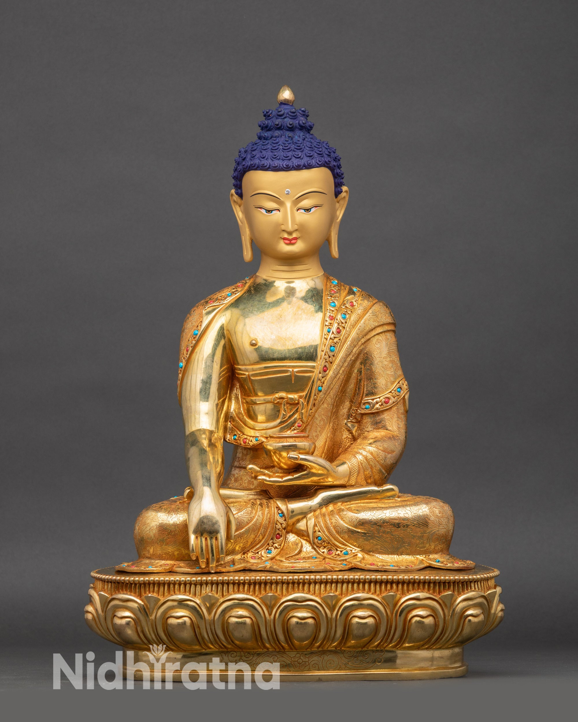 Full view of Enlightened Buddha Statue seated on lotus throne, handcrafted Nepalese meditation figure