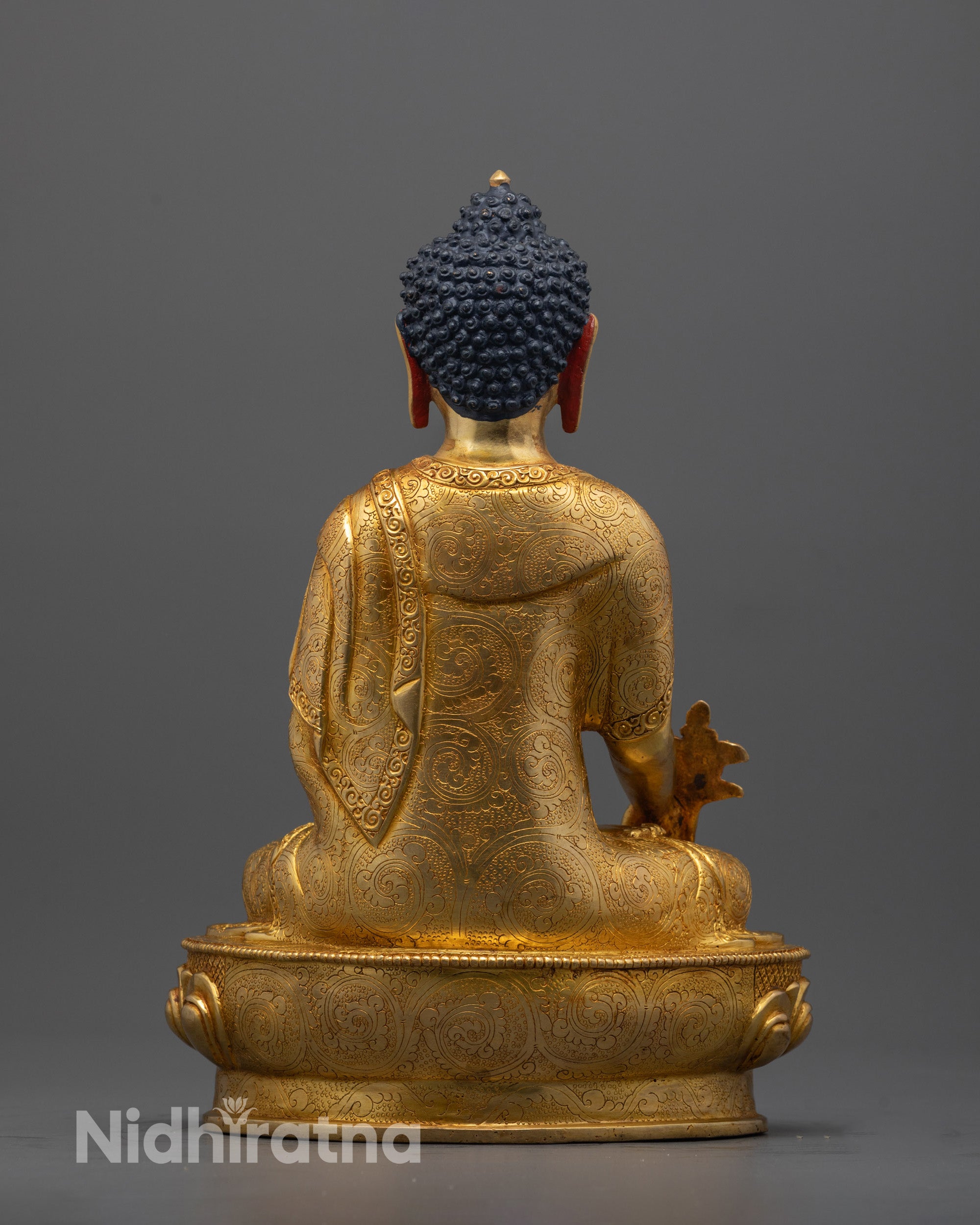 Full view of Medicine Buddha Statue with lotus base and meditative posture