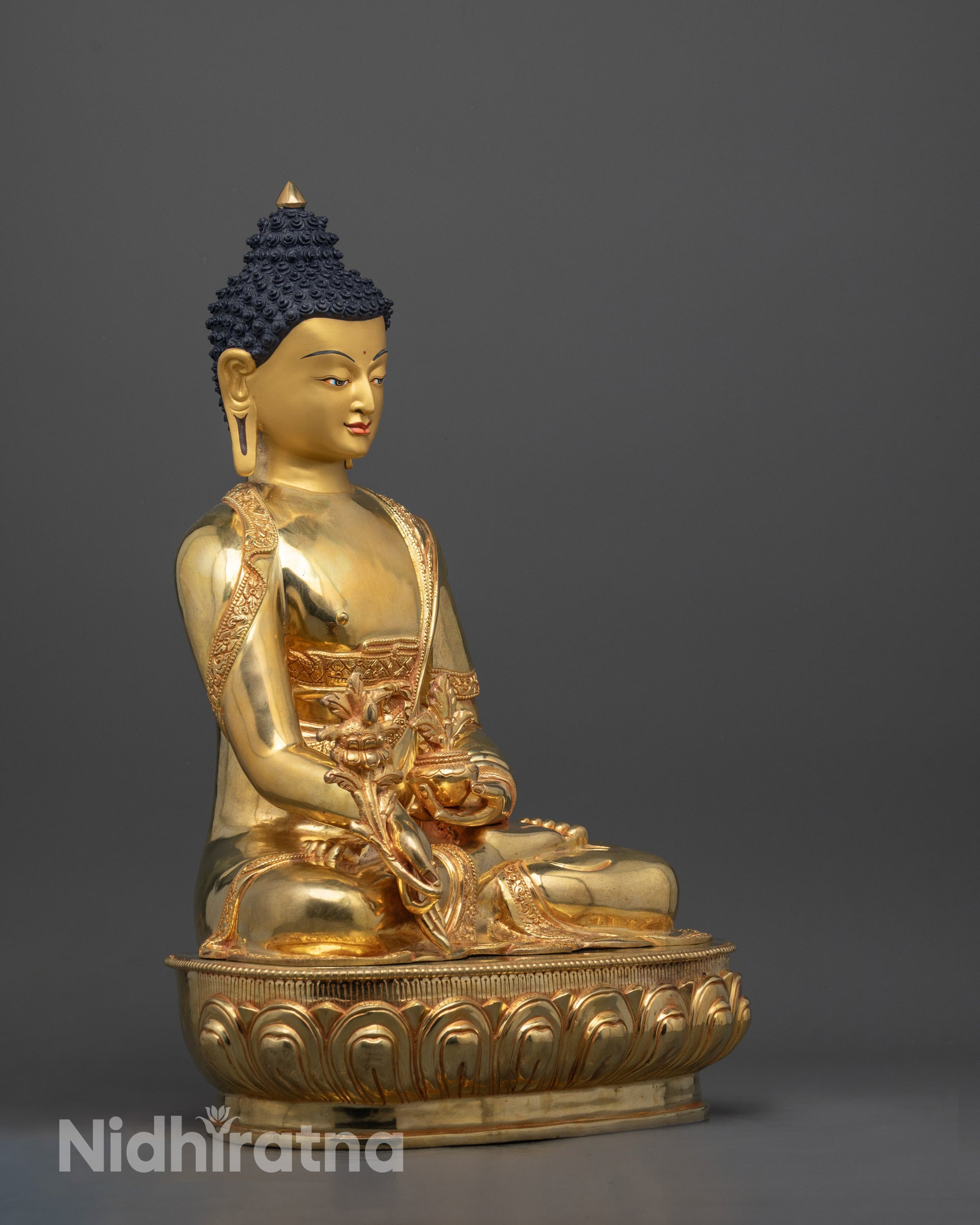 Full view of Medicine Buddha statue with hollow chamber feature for consecration