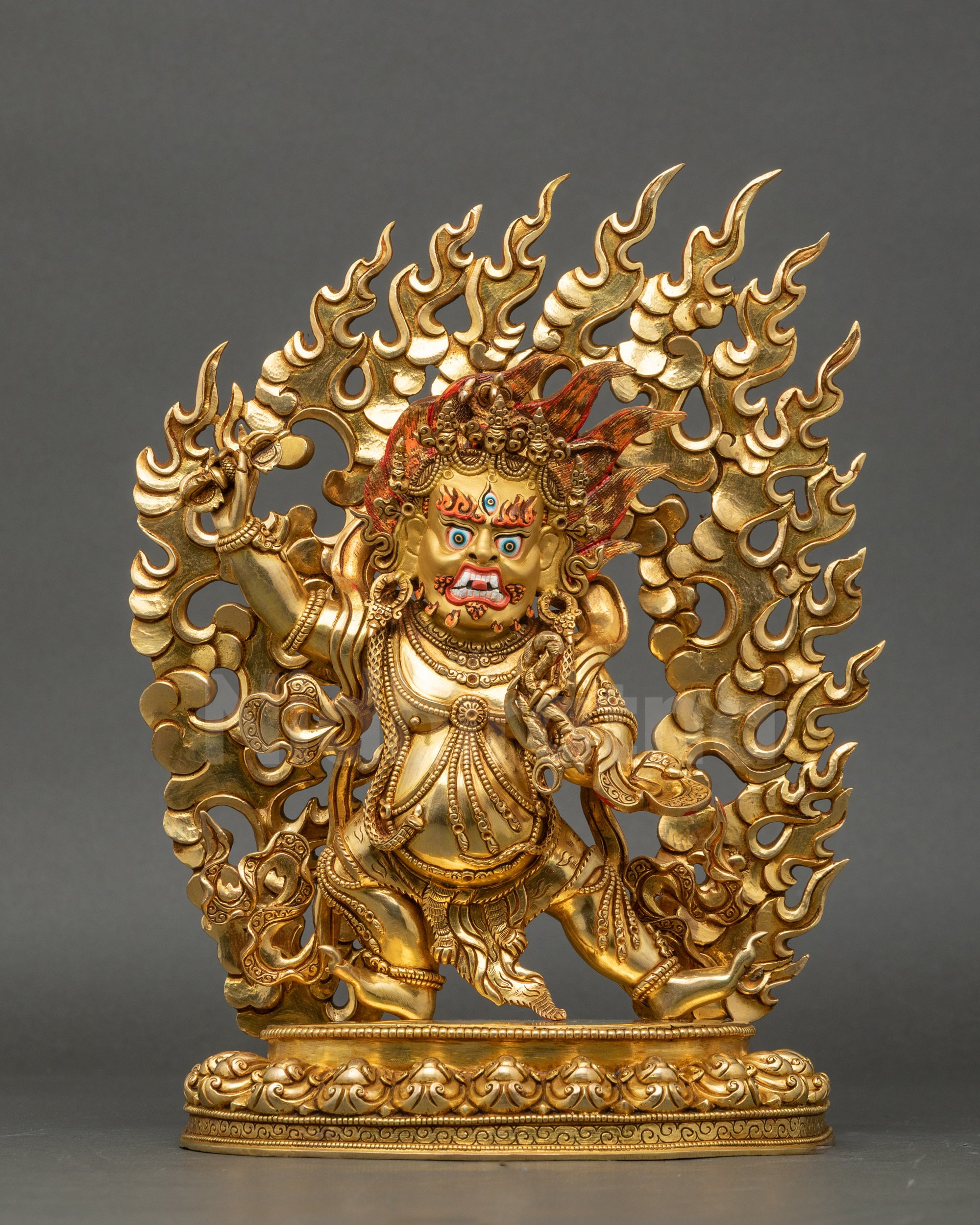 Full view of Protector of Dharma Chana Dorje Vajrapani Statue standing on lotus seat with vajra and lasso
