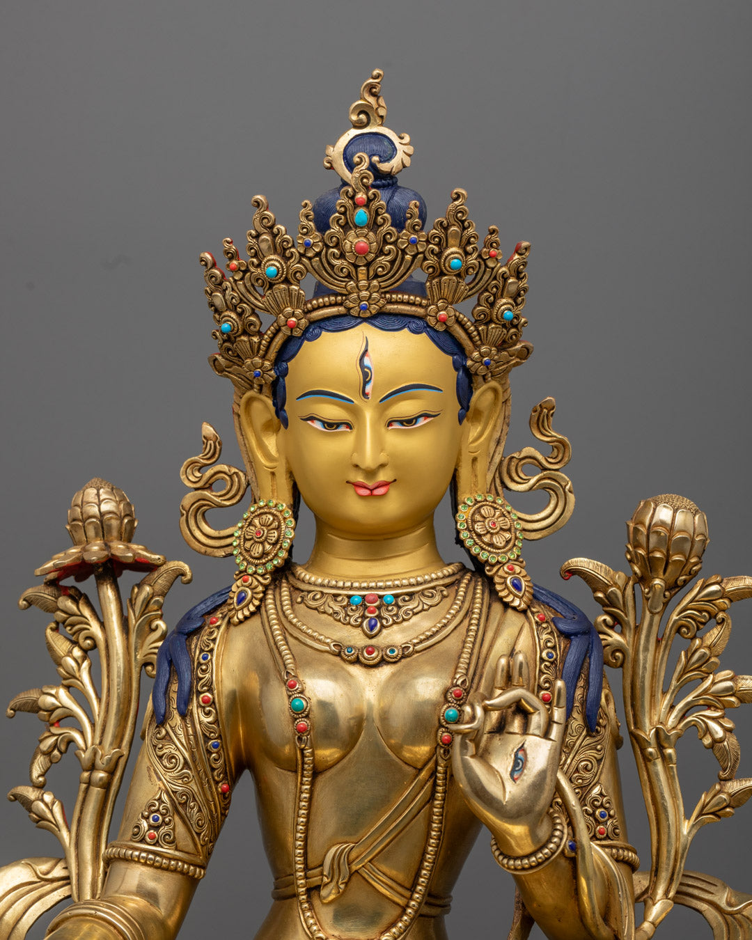 Full view of White Tara with a glowing halo, the goddess of longevity and compassion, ideal for altars, meditation, and healing practices.