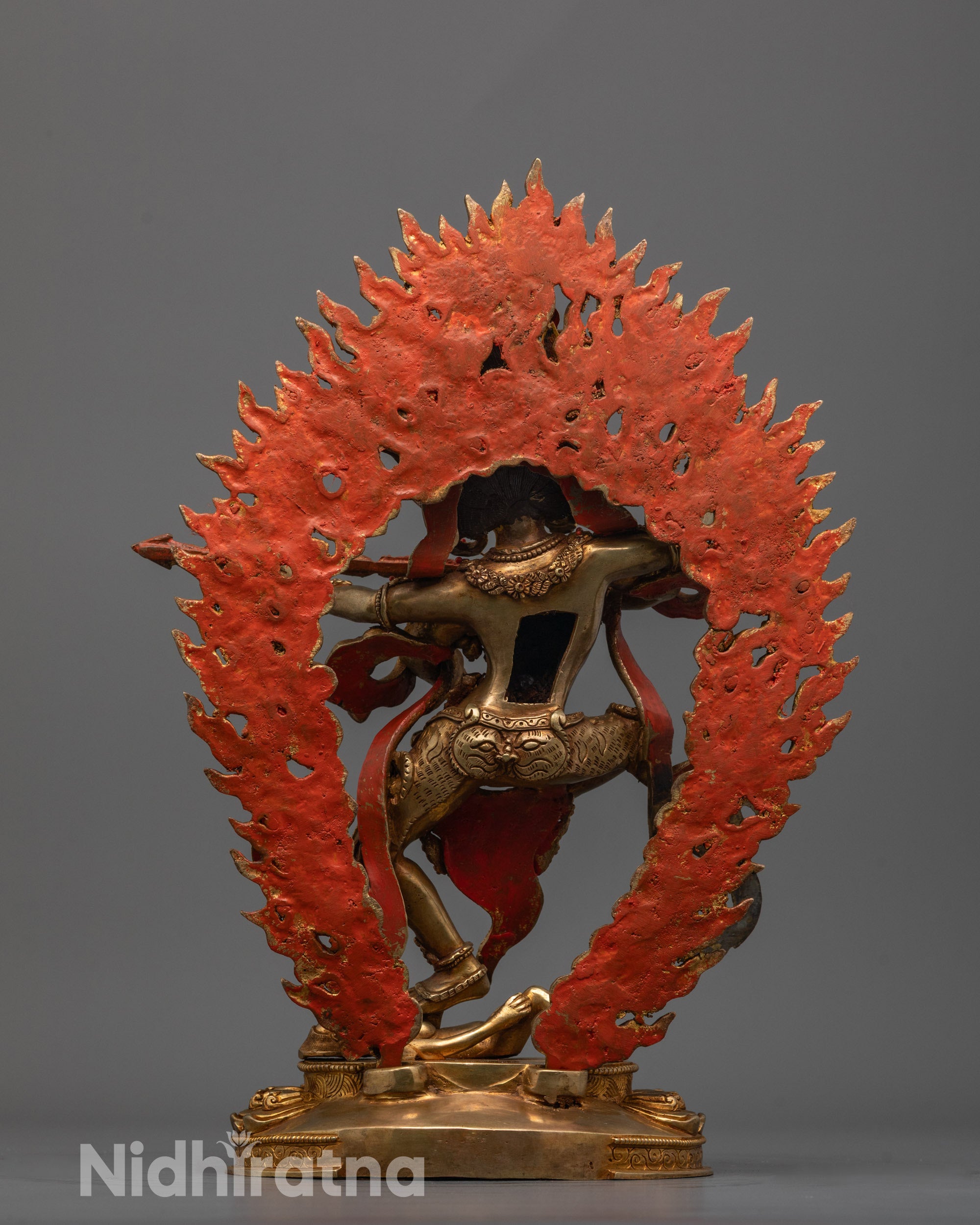 Full view of hand-carved Kurukulla Statue made from copper and 24k gold standing