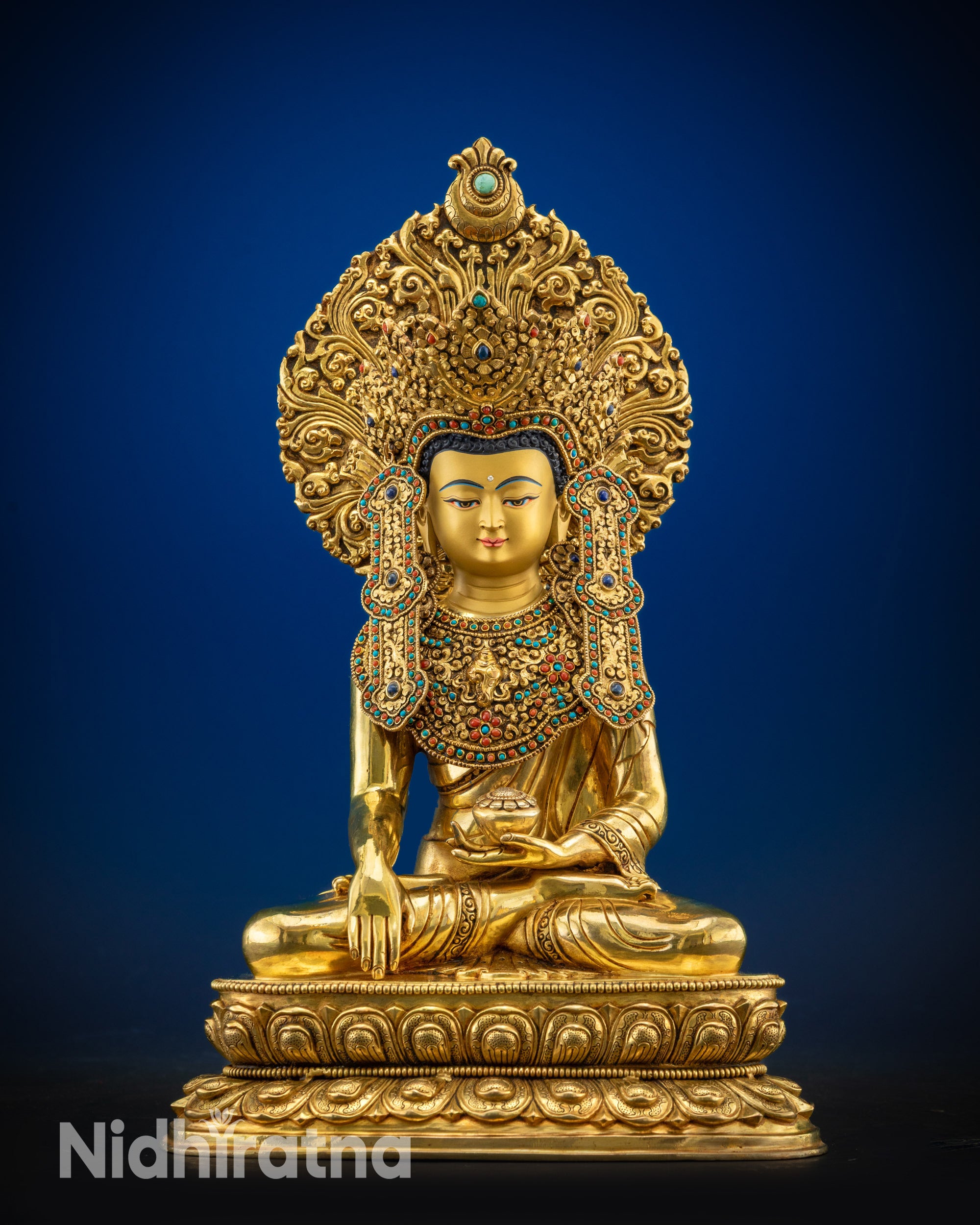 Full view of handcrafted Jowo Rinpoche Buddha statue on lotus seat