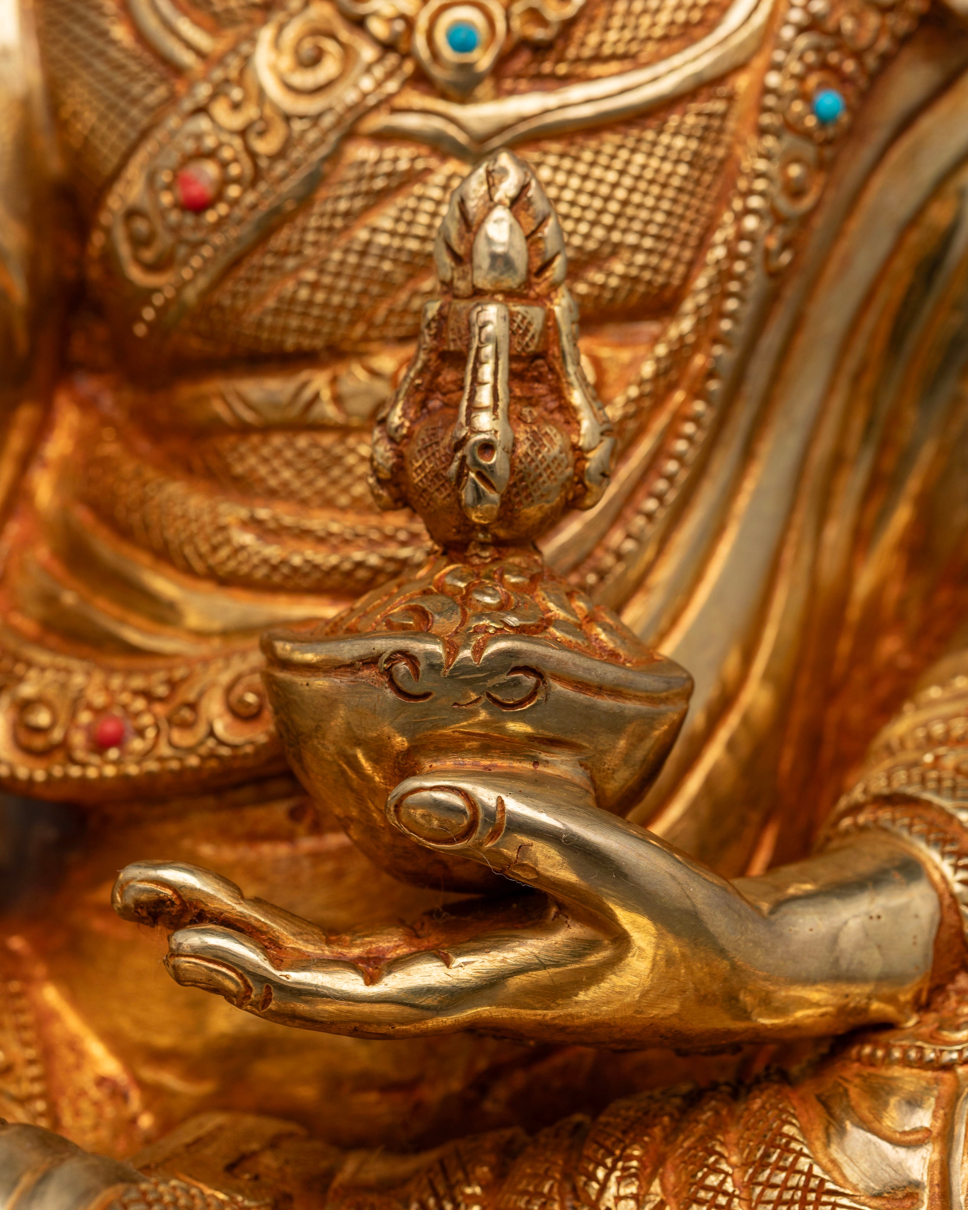 Divine Guru Rinpoche Statue: Gold Gilded with Precious Stones