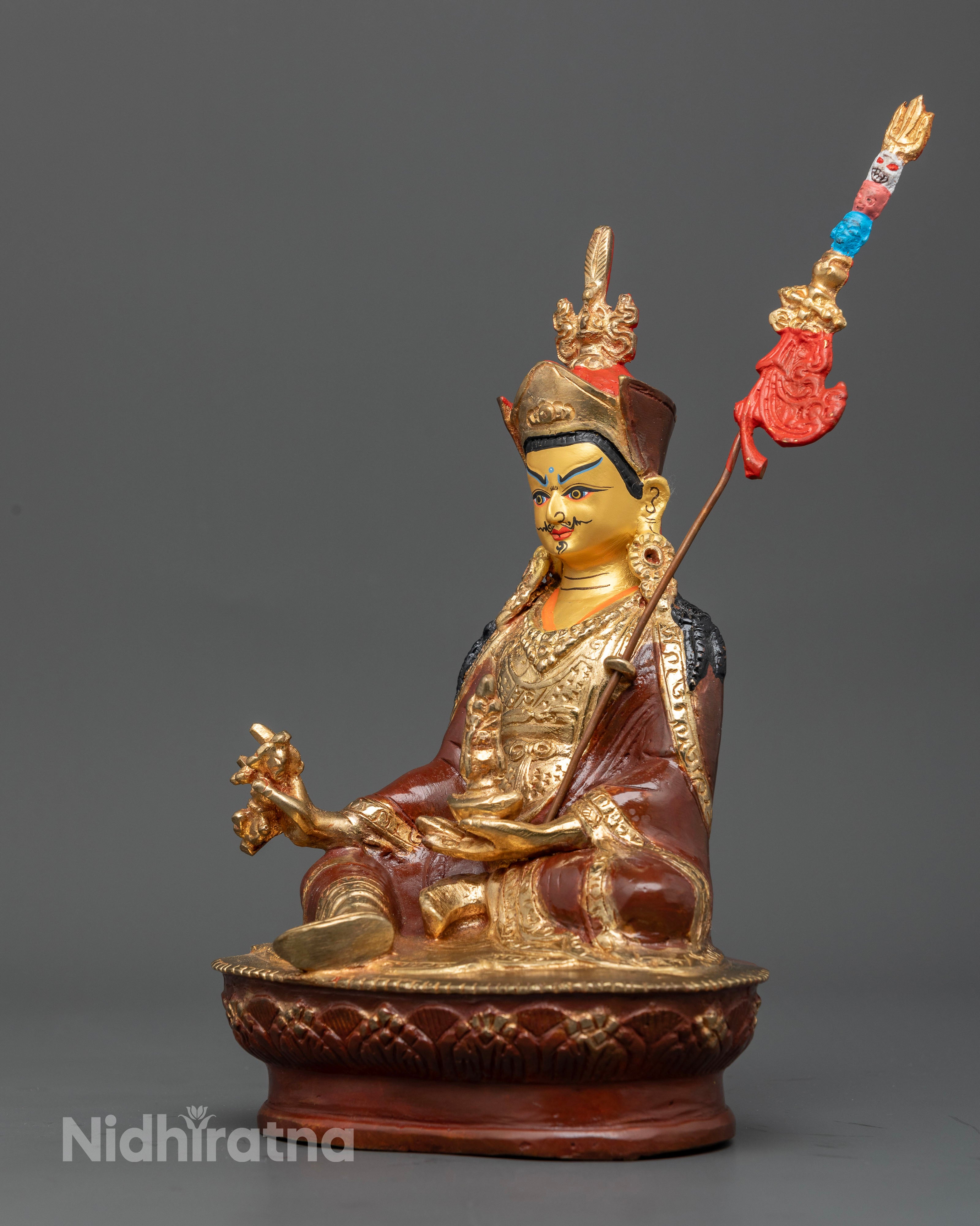Oxidized Copper Guru Rinpoche Statue with Radiant Gold Face