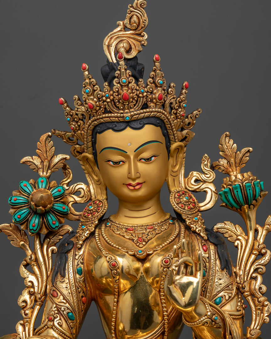 Green Tara Statue | 24K Gold Gilded Tibetan Buddhist Artwork
