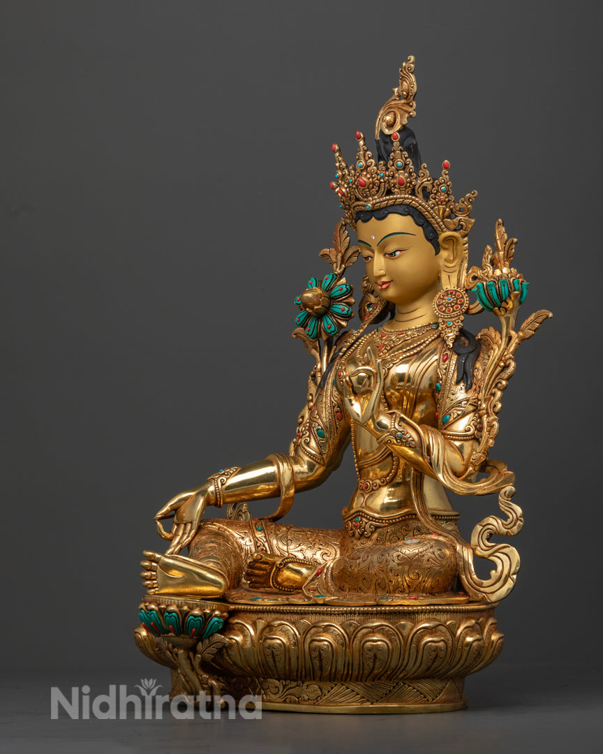 Green Tara Statue | 24K Gold Gilded Tibetan Buddhist Artwork