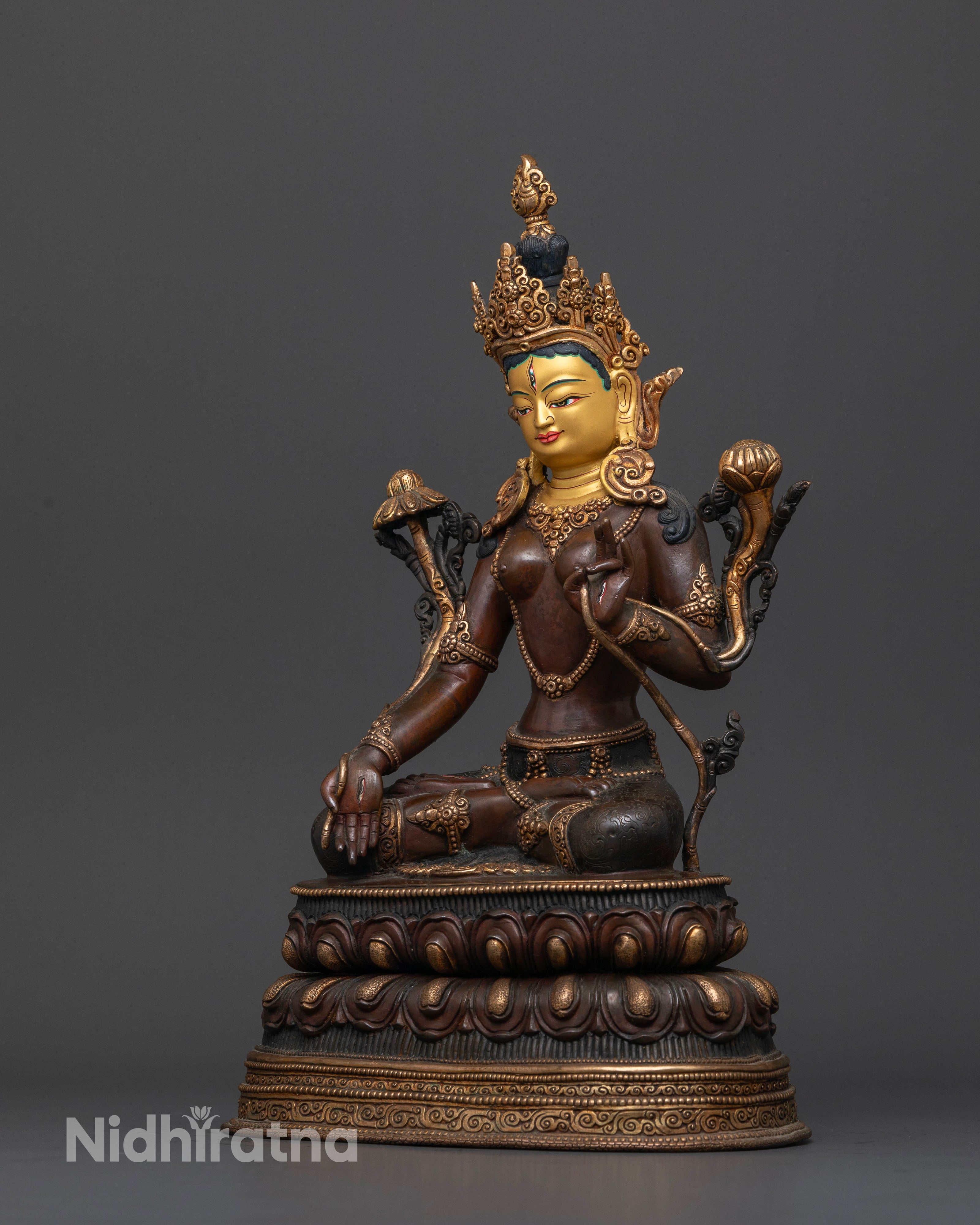 Oxidized White Tara Statue in Majestic Pose on Double Lotus