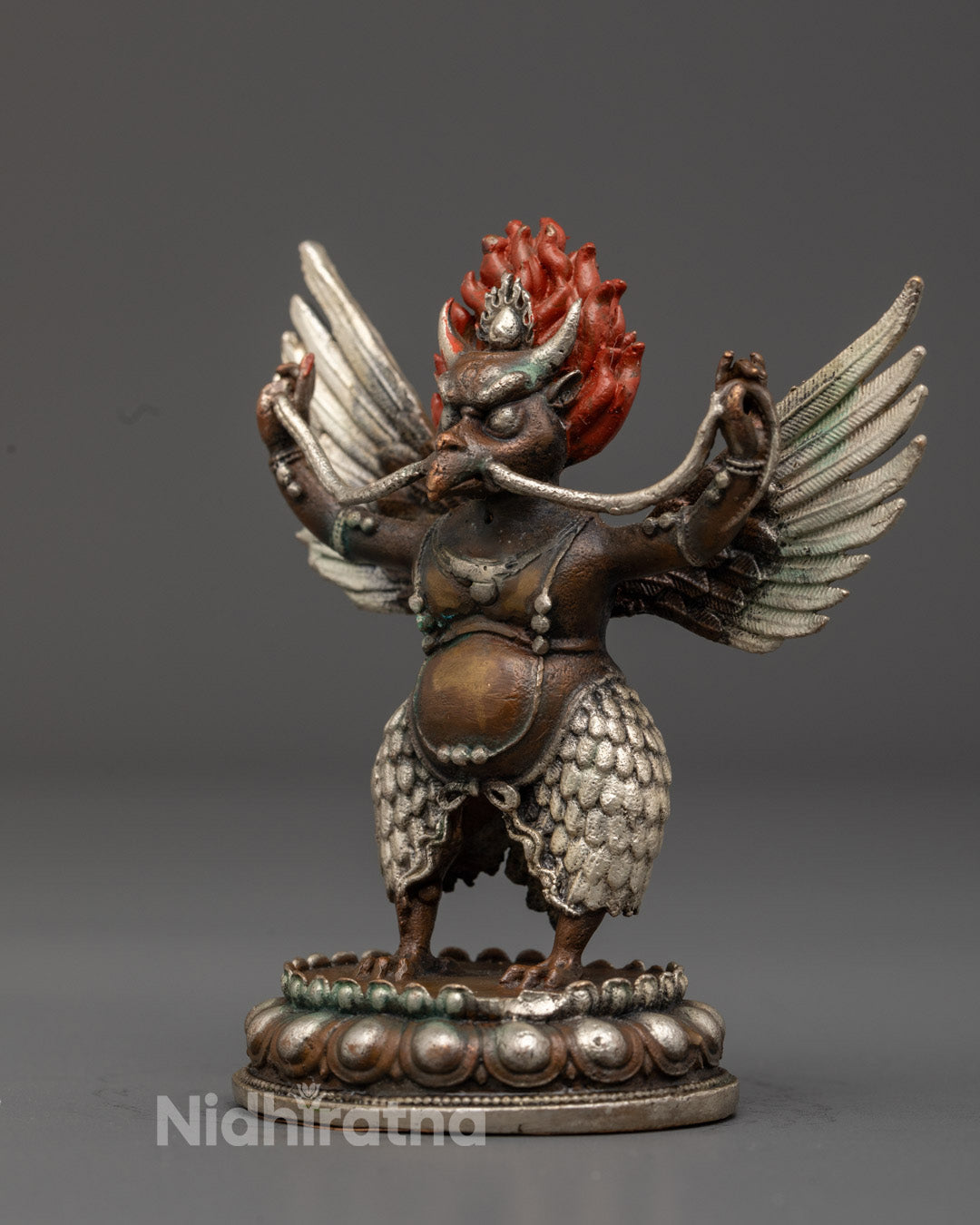 Garuda Sculpture's intricately carved wings and feathers – premium oxidized copper spiritual decor
