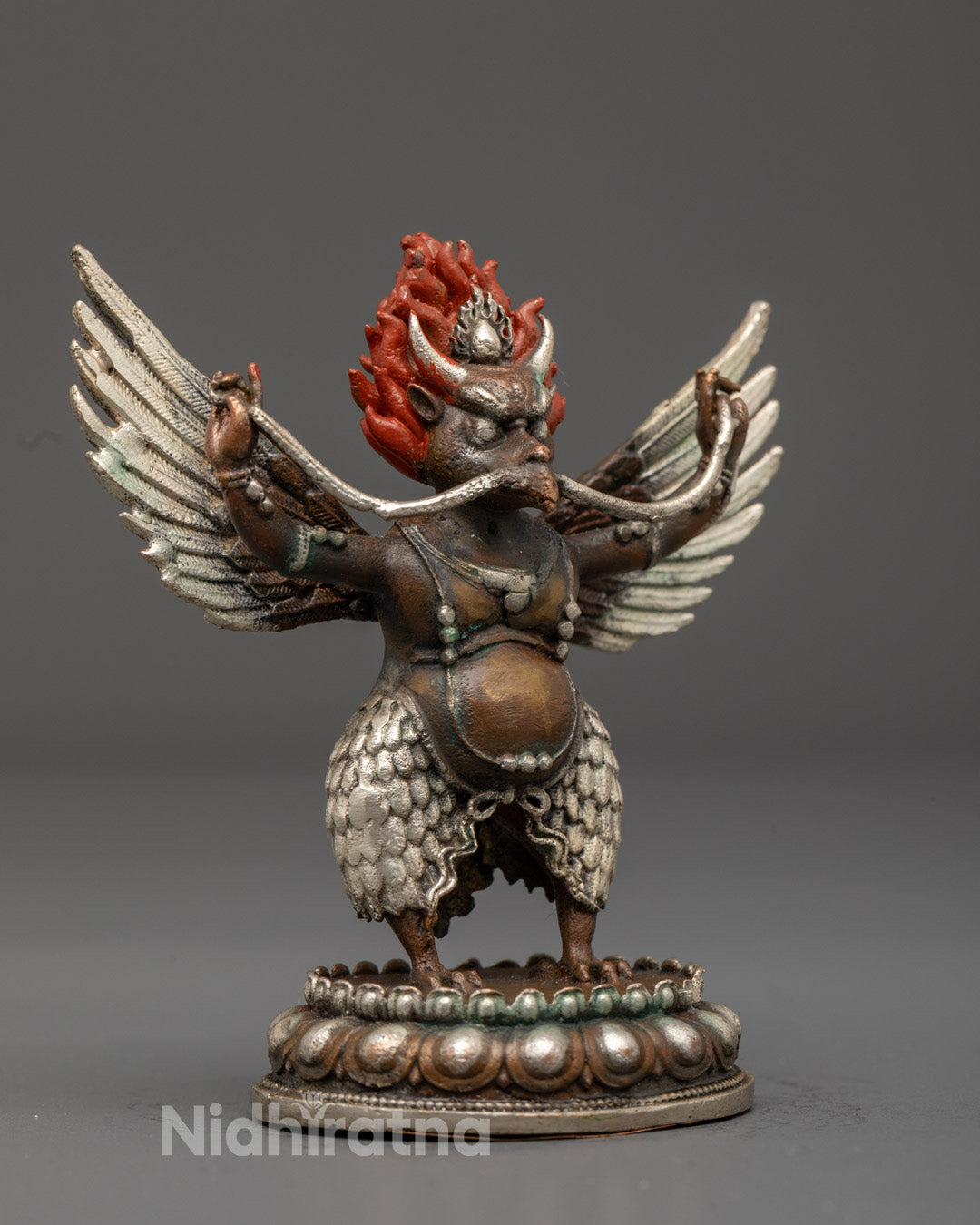 Garuda Statue seated on lotus throne with hollow mantra chamber – electroplated Buddhist altar figurine