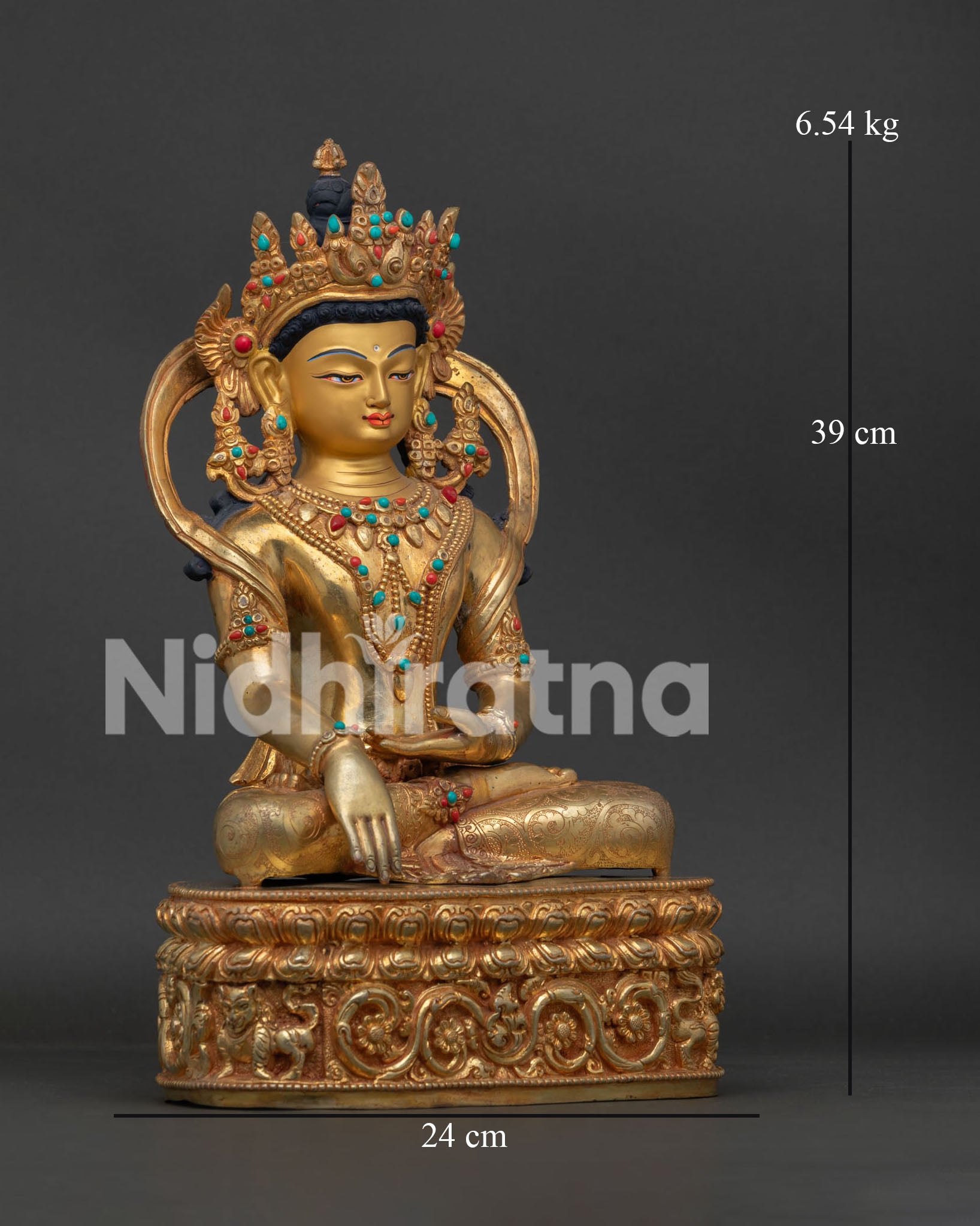 Gold Fire Gilded Shakyamuni Buddha Statue Double Lotus Throne.