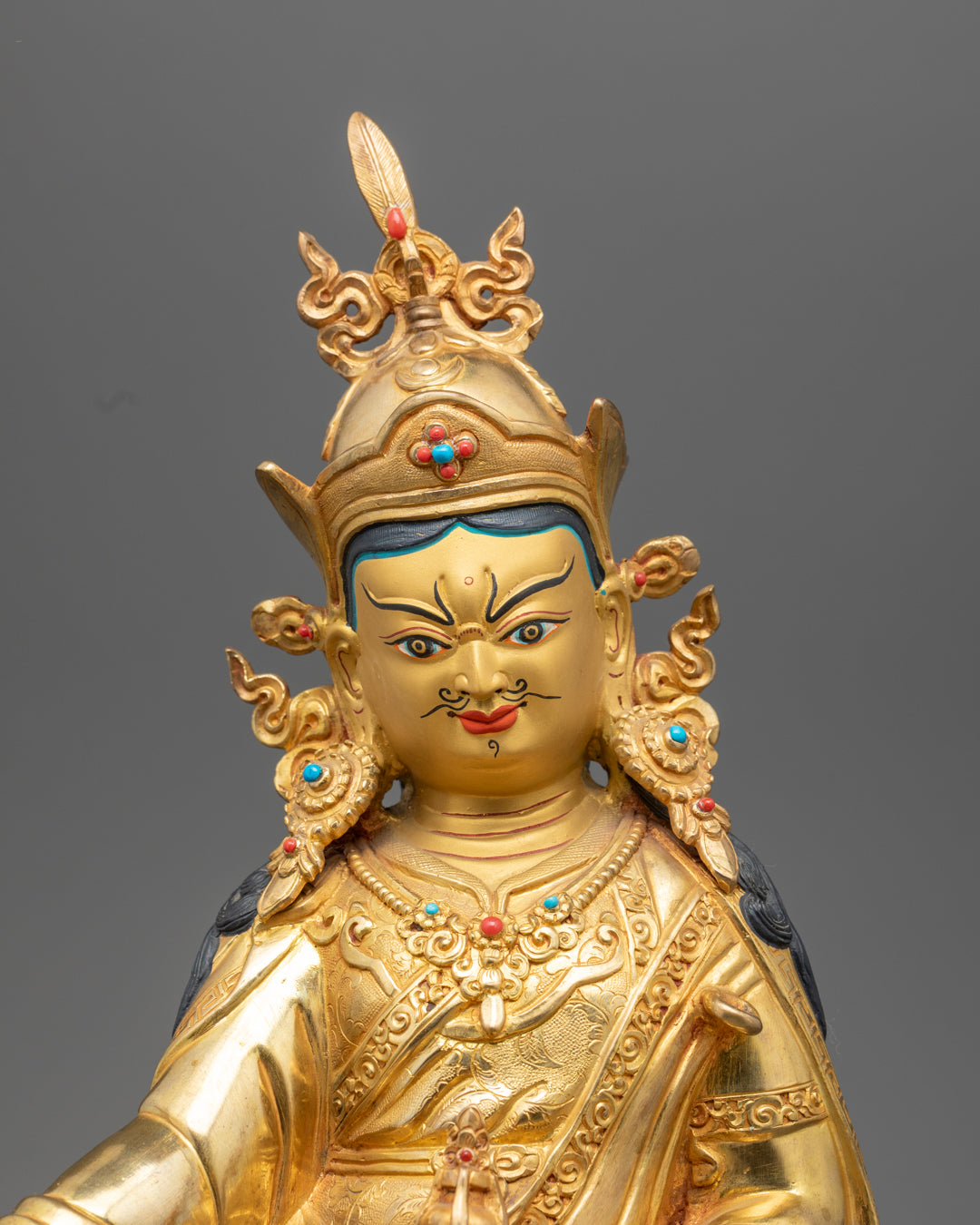 Gold-gilded Padmasambhava statue seated on a lotus throne with finely carved crown and jewelry – Ideal for meditation or altar decor