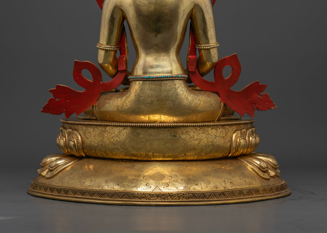 The back view of amitayus statues sitting on a lotus seat | Gold-plated Amitayus statue | Sacred Amitayus Buddha artwork