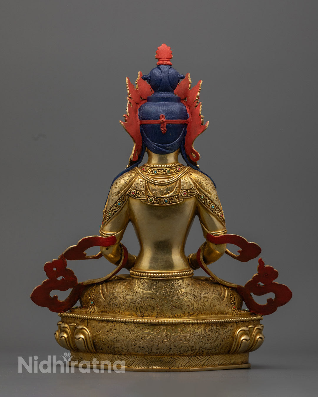 Gold Amitayush statue, representing the Buddha of Infinite Life, perfect for home shrines, meditation altars, and enhancing spiritual practices.