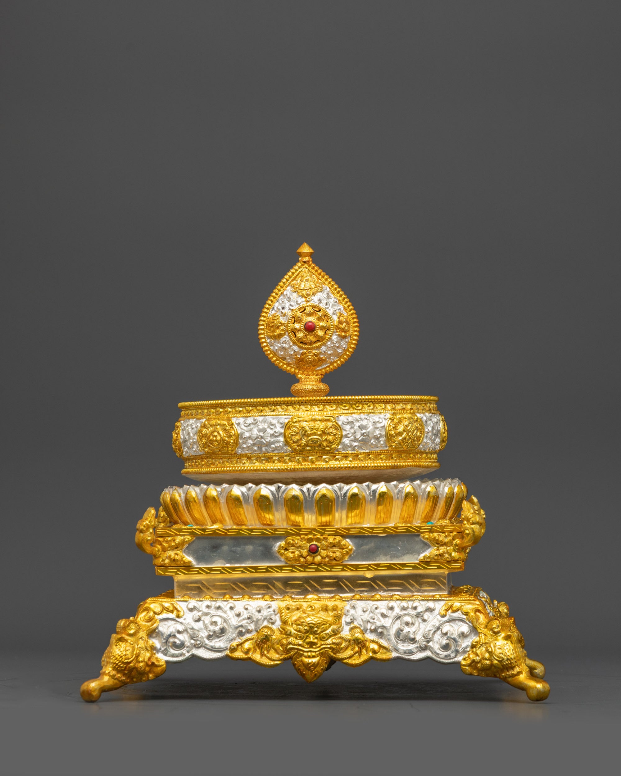 Gold and Silver-Plated Copper Mandala Set for Rice Offering and Spiritual Rituals