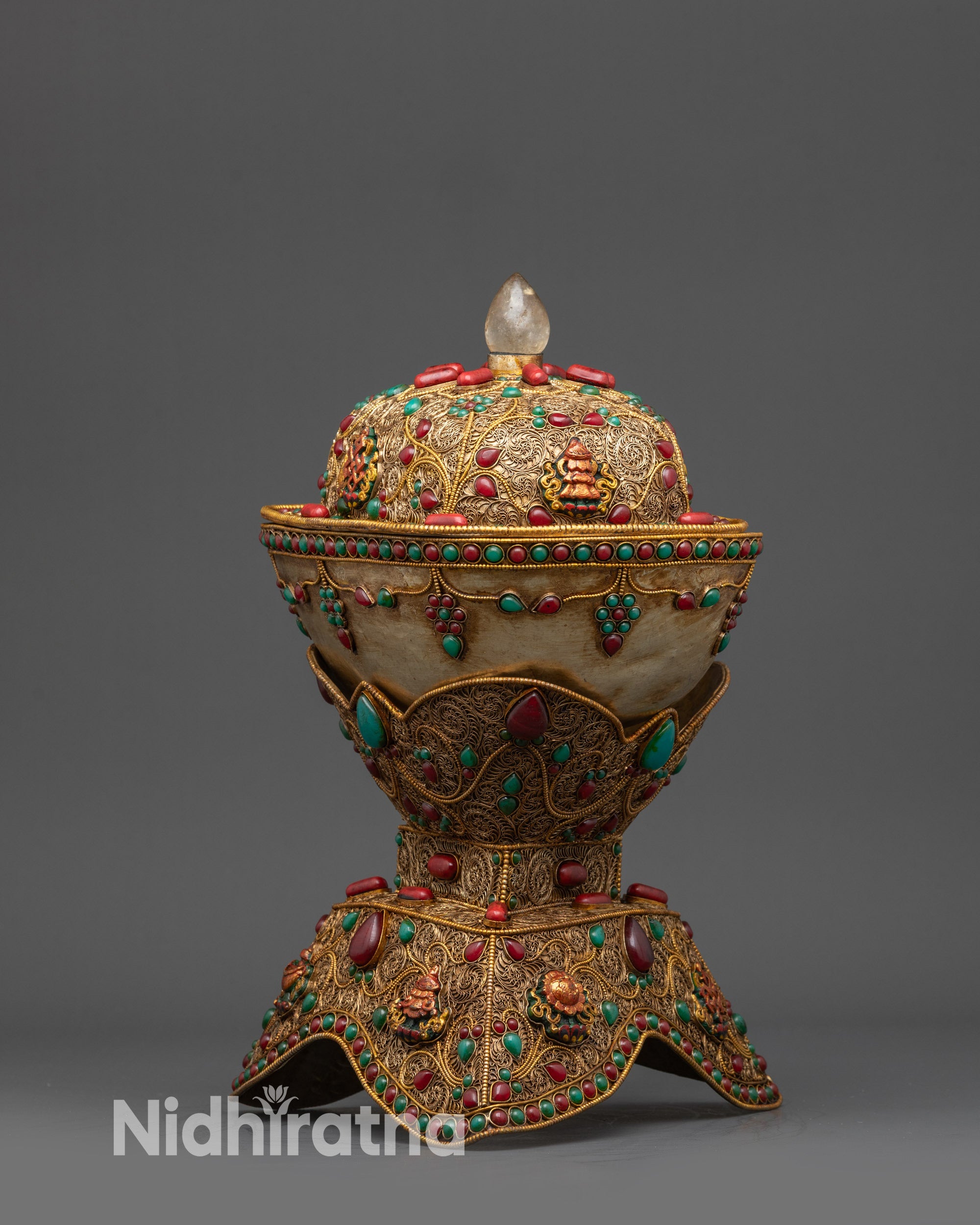 Gold plated and copper plated filigree detail of handcrafted Kapala Set