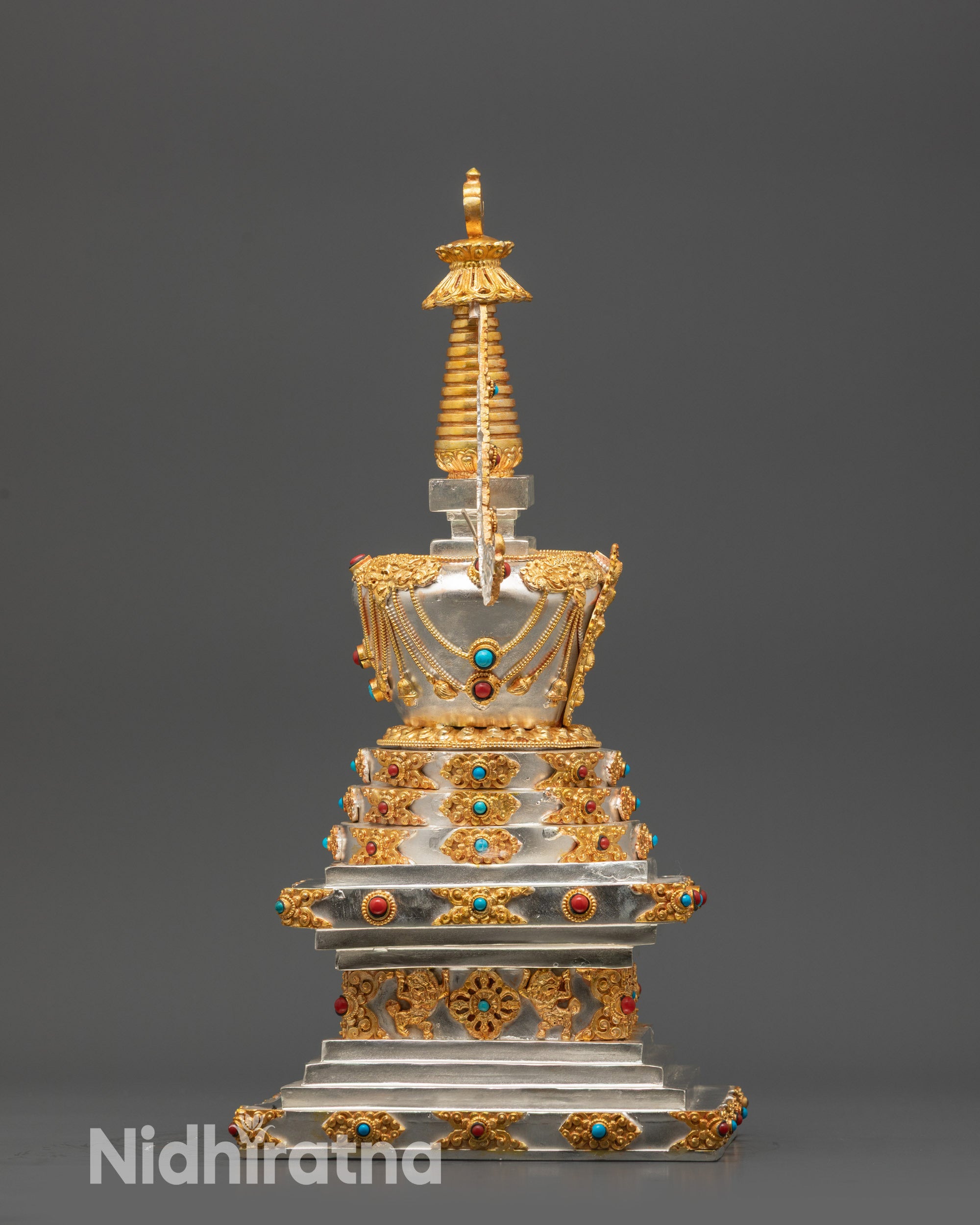 Gold plated copper Namgyal Stupa with gemstones for altar decoration