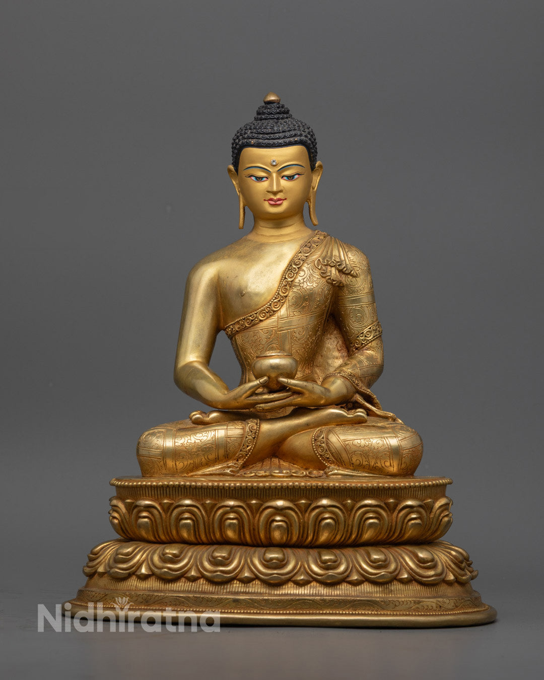 Golden Amitabha Buddha statue in meditation pose on lotus throne, hand-carved in Nepal with 24K gold gilding and semi-precious stone accents