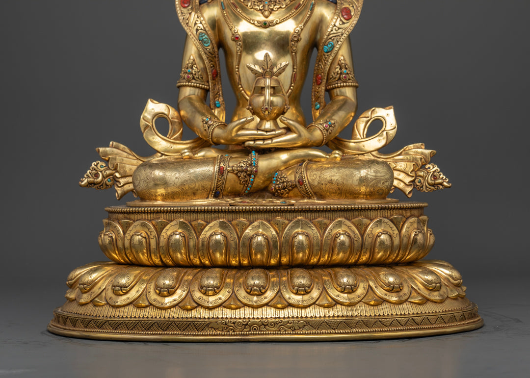 The lower front view of Amitayus buddha statue | Elegant Shakyamuni Buddha artwork | Buddhist symbol of enlightenment
