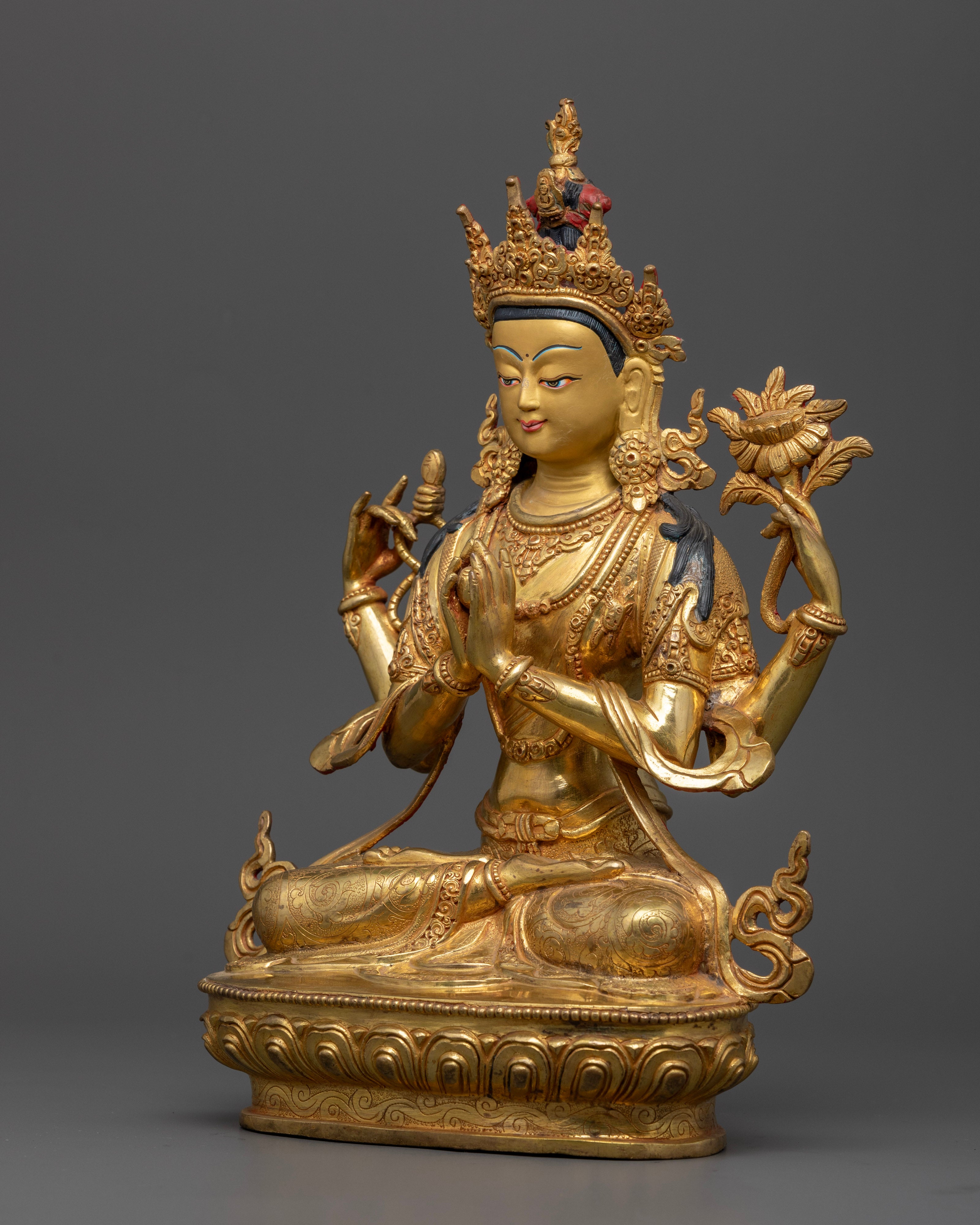Angular side profile of radiant Chenrezig Statue | Gold-plated Chenrezig statue for meditation