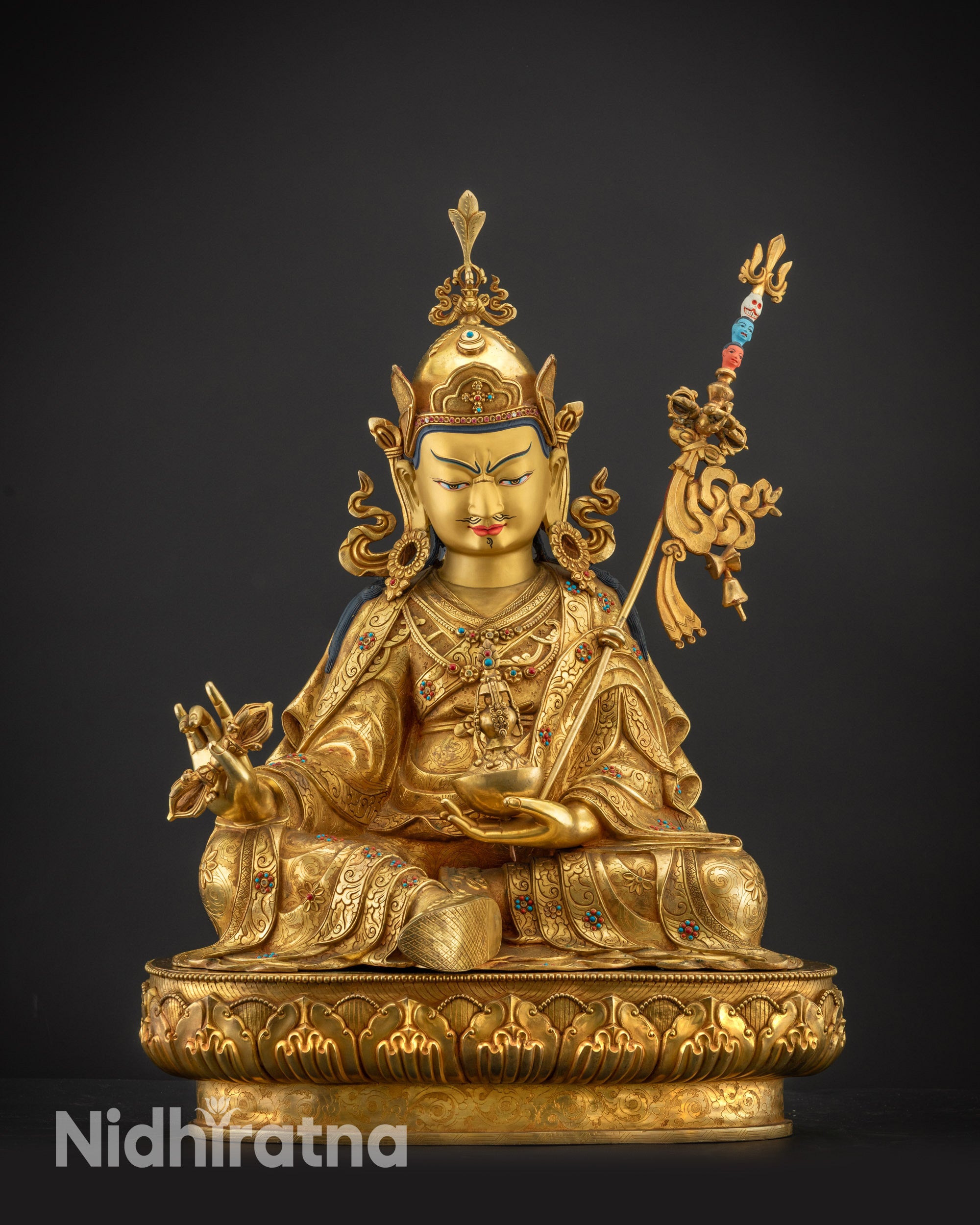 Golden Masterpiece Guru Padmasambhava statue front view Himalayan handcrafted statue