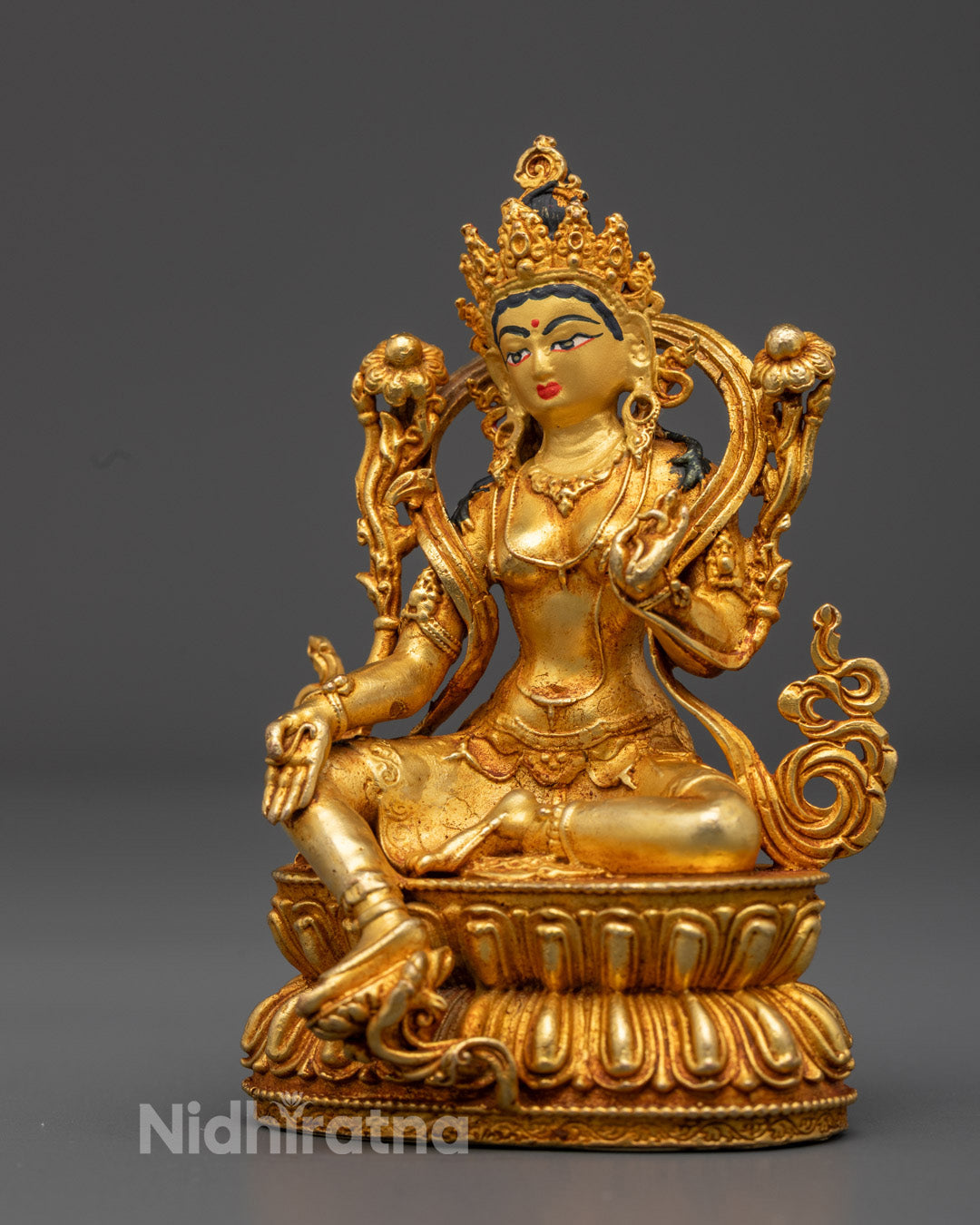 Gracefully Seated Green Tara Statue on Lotus Throne in Royal Ease Posture