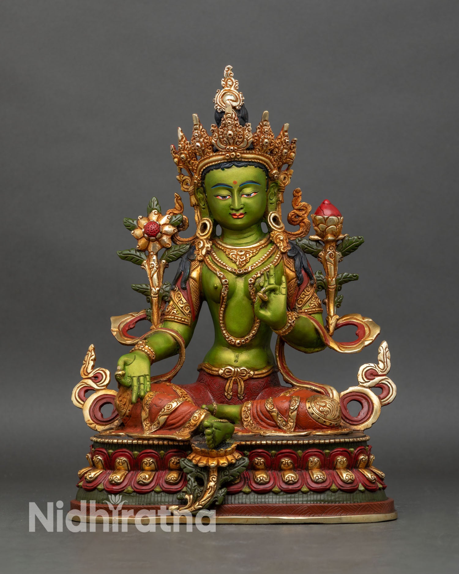 Green Tara statue front view, handcrafted copper with gold-gilded details