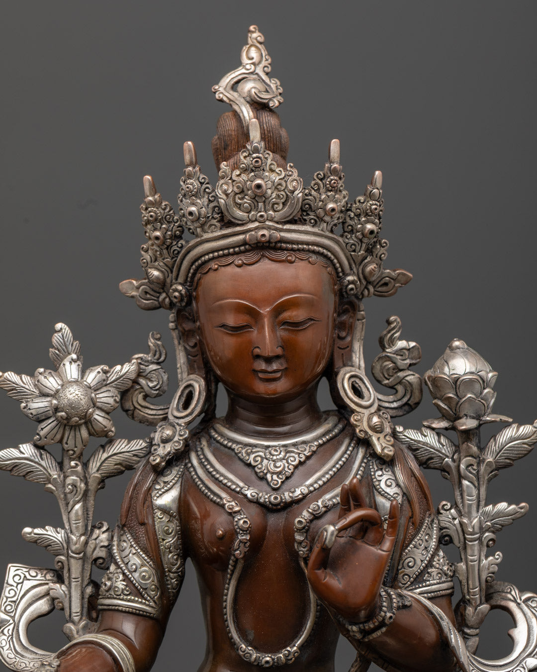 Handmade Green Tara Statue | Oxidized Copper with Silver Finishing