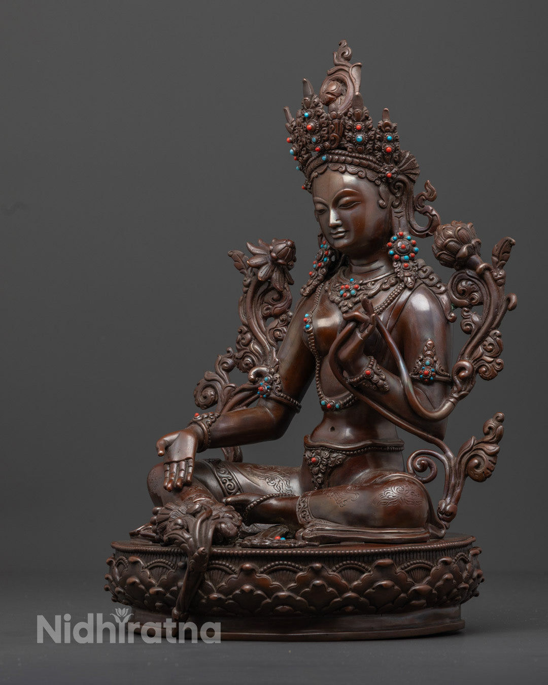 Oxidized Green Tara Statue | Handmade Buddhist Copper Sculpture