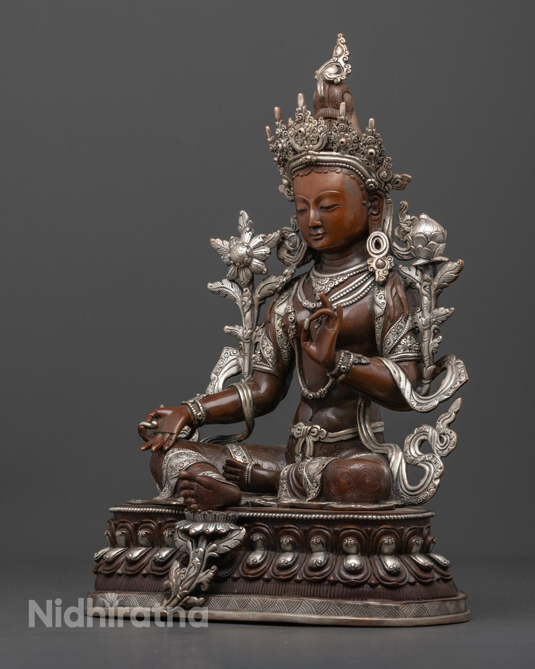 Handmade Green Tara Statue | Oxidized Copper with Silver Finishing