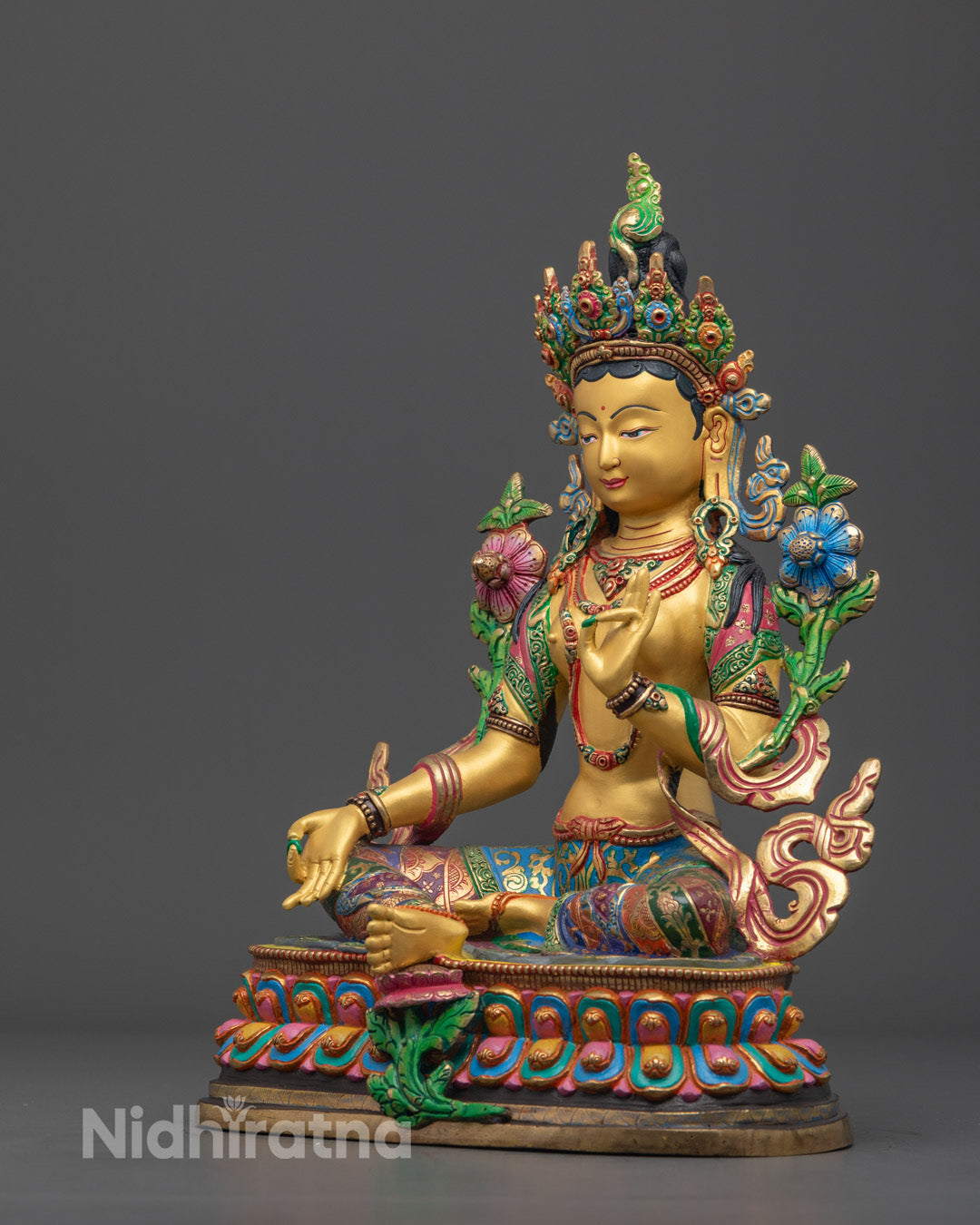 Painted Green Tara Statue | Hand-Carved Tibetan Sculpture