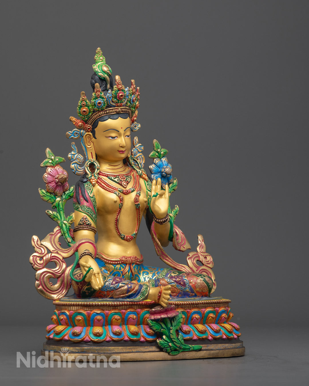 Painted Green Tara Statue | Hand-Carved Tibetan Sculpture