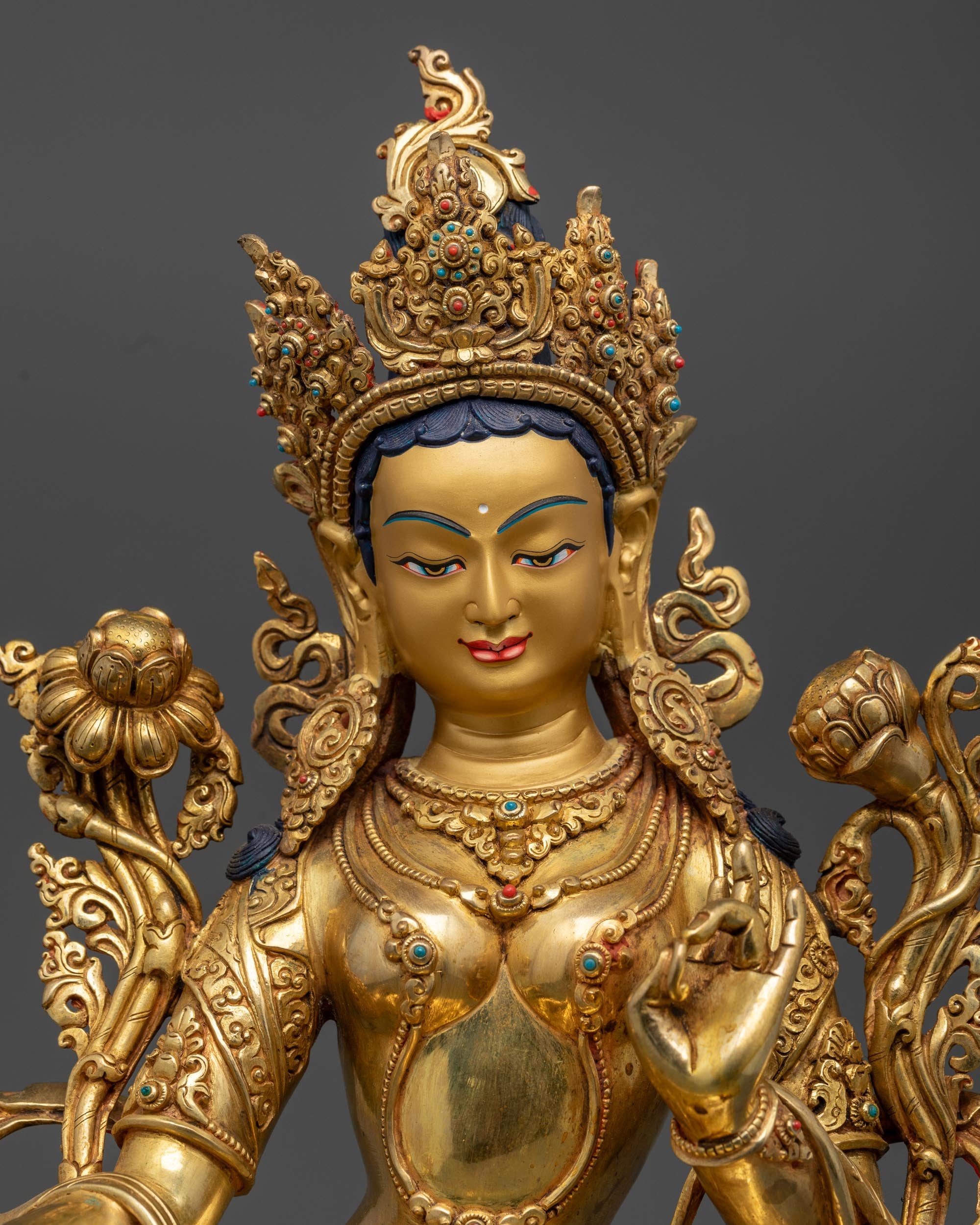 Green Tara Statue | 24K Gold Gilded Buddhist Goddess Sculpture