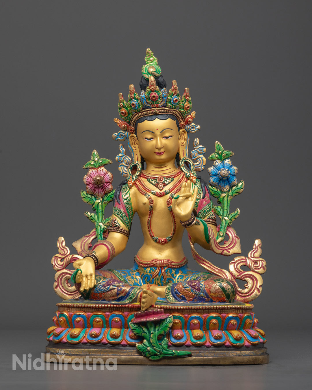 Painted Green Tara Statue | Hand-Carved Tibetan Sculpture