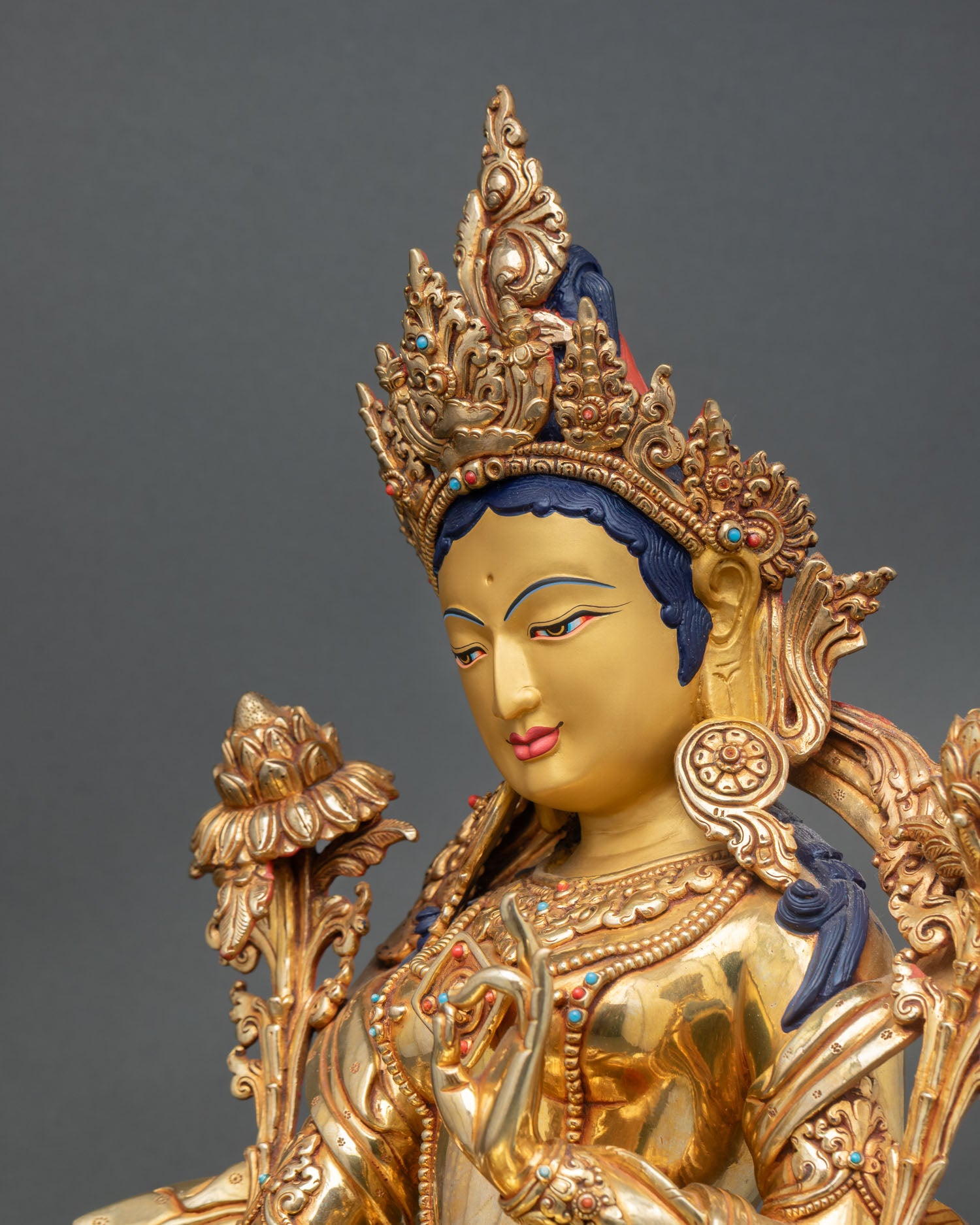 Green Tara Statue | Gold Finish Himalayan Artwork