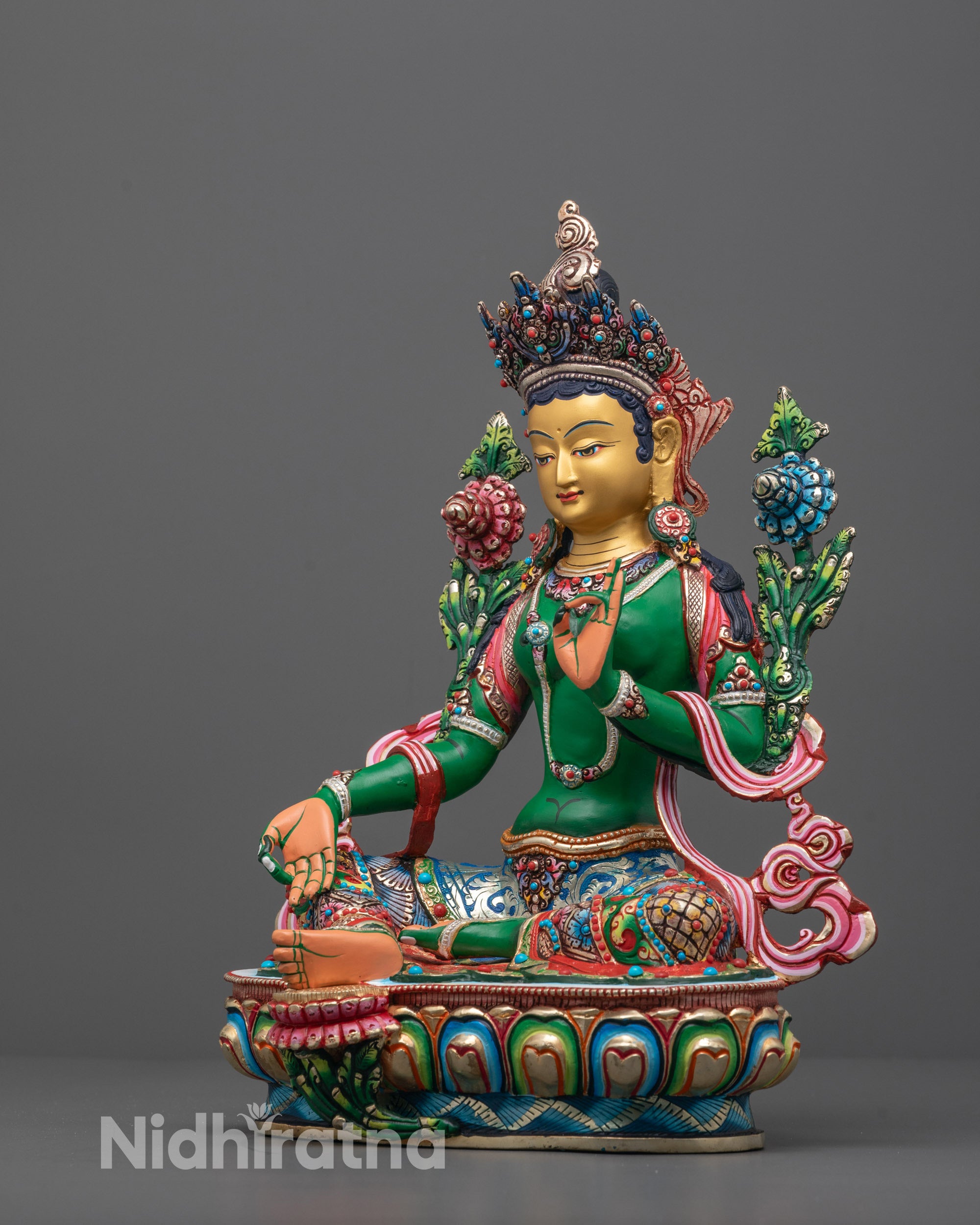 Beautiful Colored Green Tara Statue for Sale