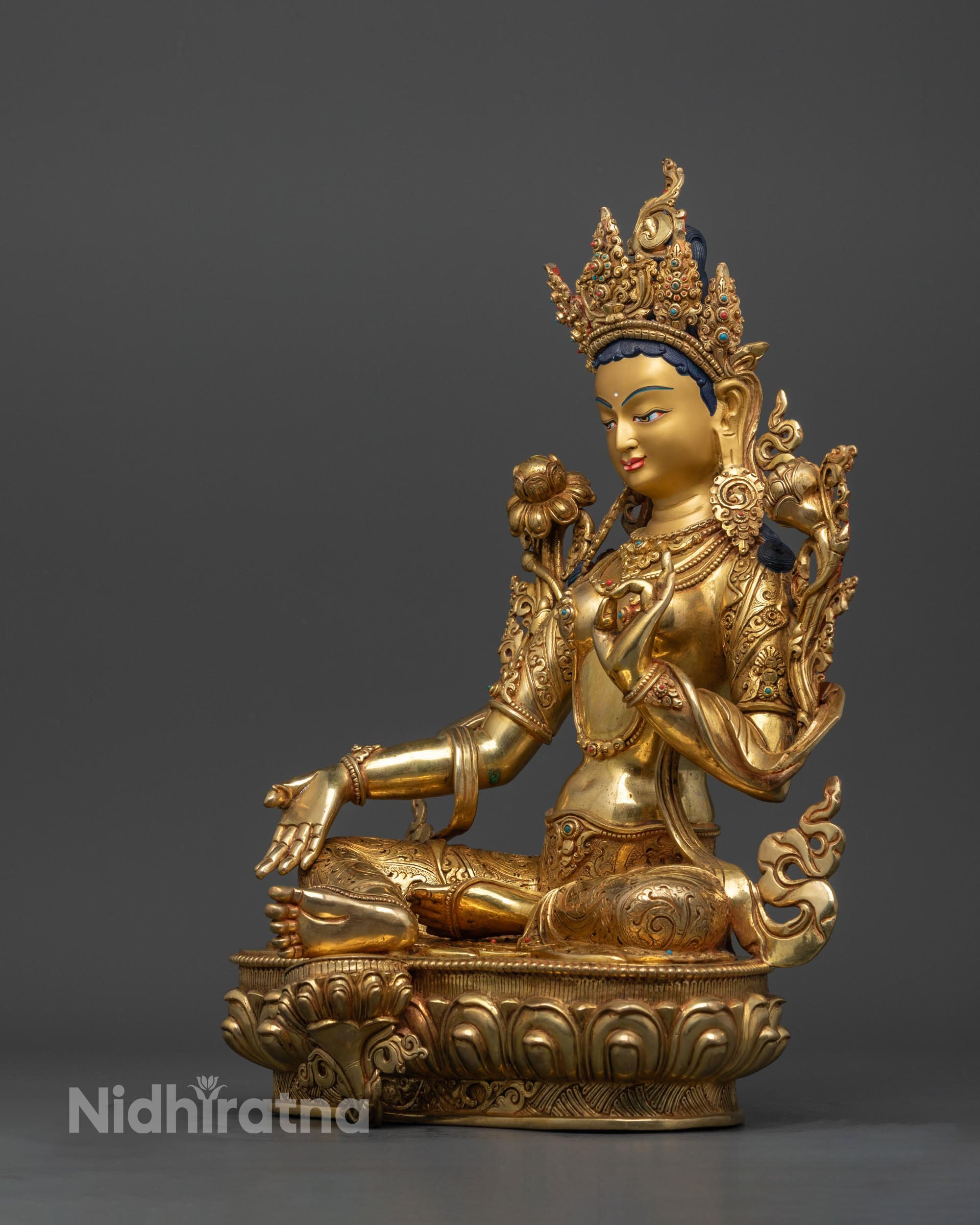 Green Tara Statue | 24K Gold Gilded Buddhist Goddess Sculpture