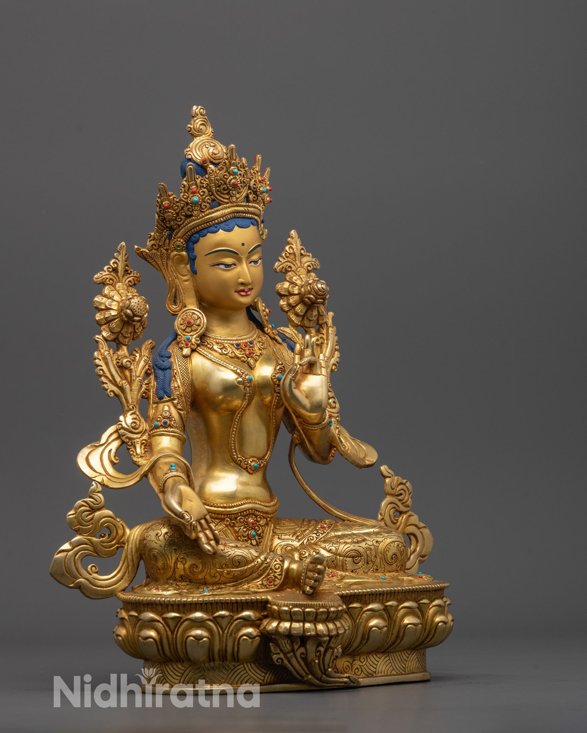 Handmade Green Tara Statue | Fire-Gilded Himalayan Goddess