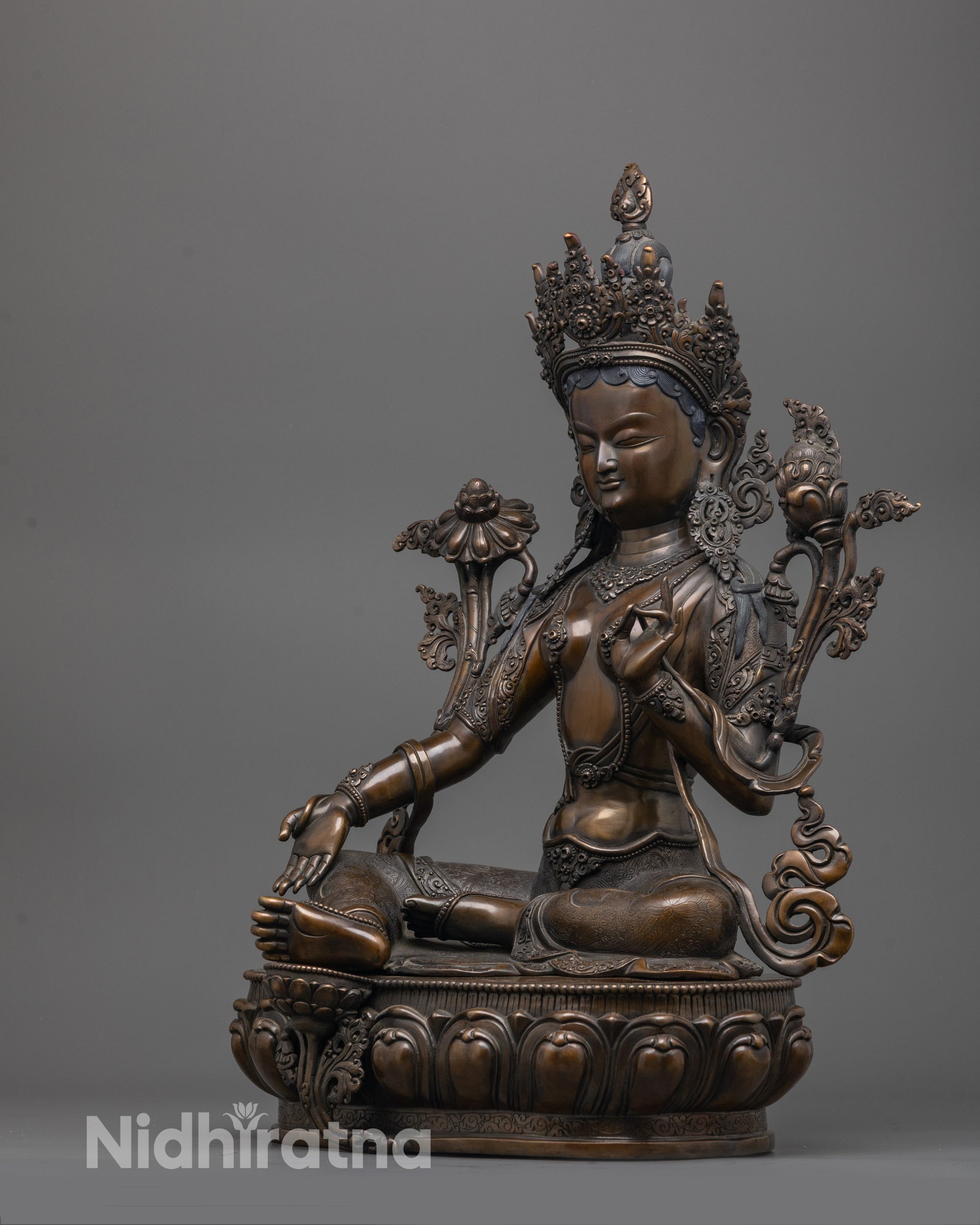 Beautiful Green Tara Statue | Oxidized Copper Buddhist Deity for Altar