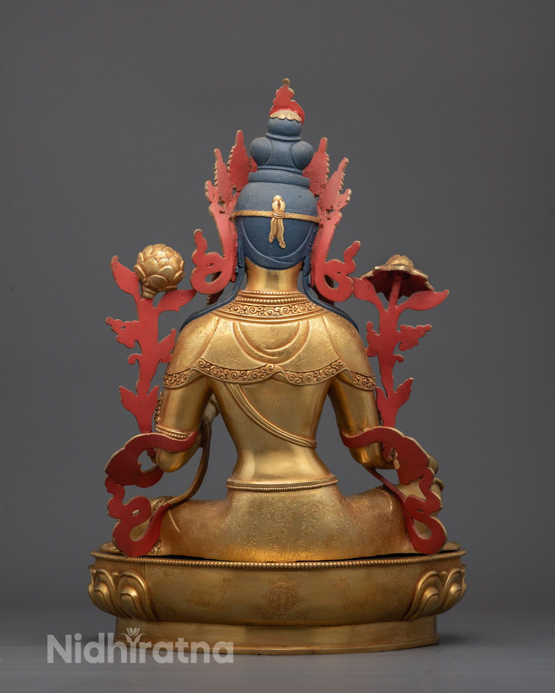 Back view of Green Tara Statue showing fine craftsmanship and copper base detailing